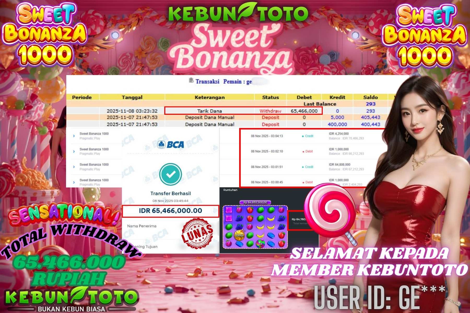 Bukti Kemenangan Rp 65.466.000 SLOT SWEET BONANZA 1000 di KEBUNTOTO!