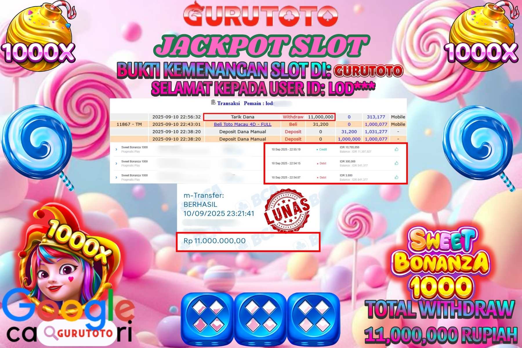 Bukti Kemenangan Rp 11.000.000 SLOT SWEET BONANZA 1000 di GURUTOTO!