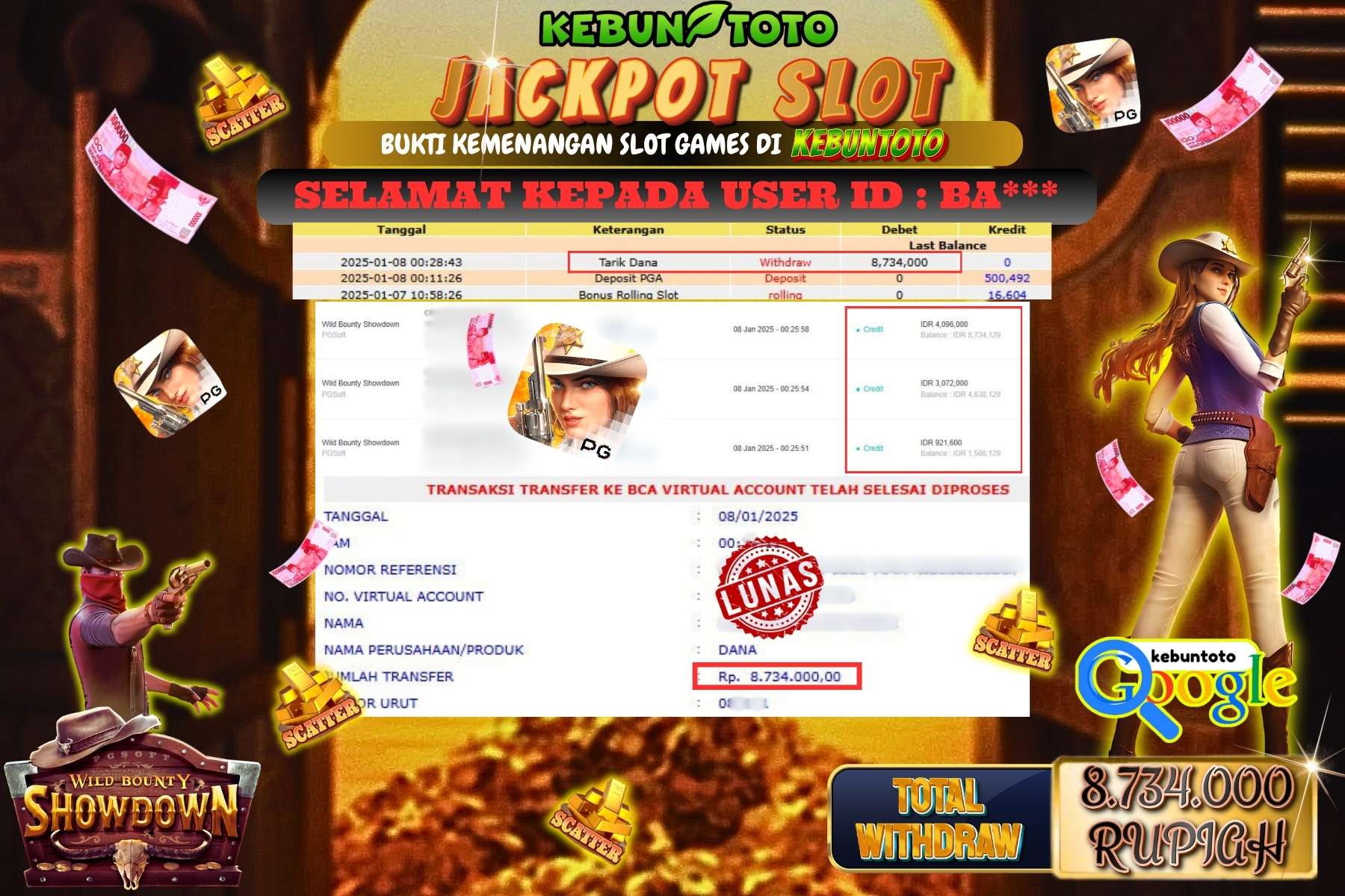 KEBUNTOTO JACKPOT SLOT WILD BOUNTY SHOWDOWN, Sebesar Rp.8.734.000,- LUNAS