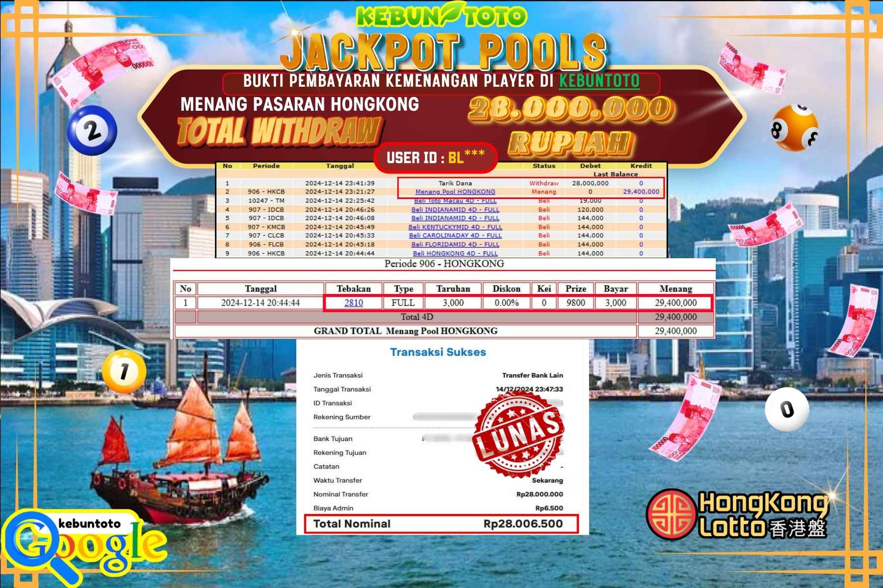 KEBUNTOTO JACKPOT LOTTO POOLS HONGKONG , Sebesar Rp.28.000.000,- LUNAS