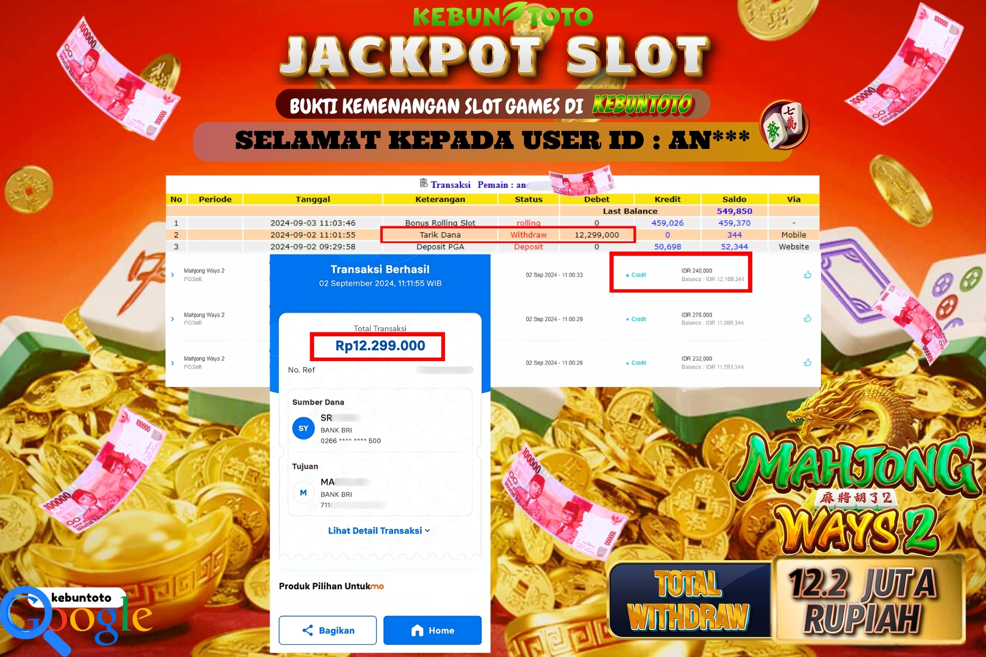 KEBUNTOTO JACKPOT SLOT MAHJONG WAYS 2 Rp.12.299.000,- LUNAS
