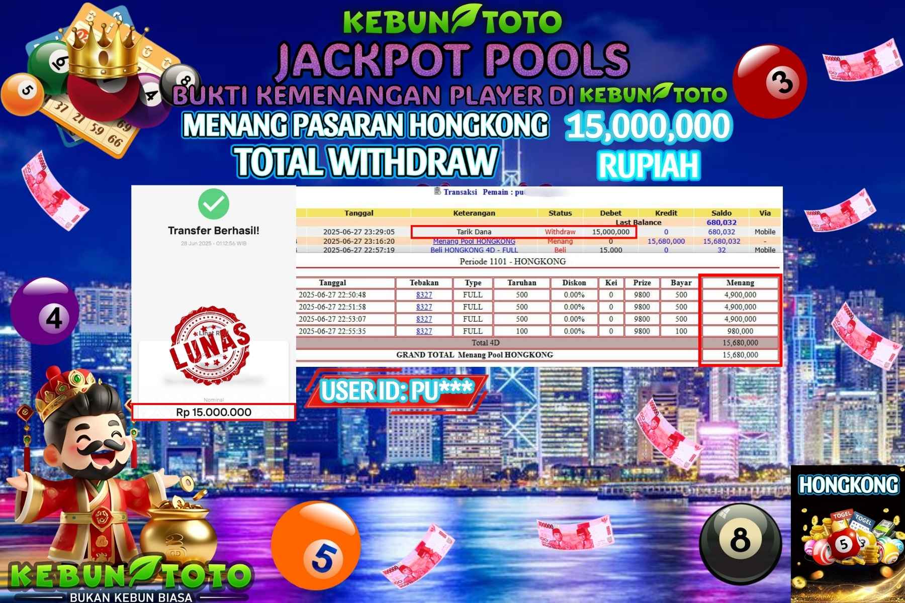 Bukti Kemenangan Rp 15.000.000 TOGEL HONGKONG di KEBUNTOTO!