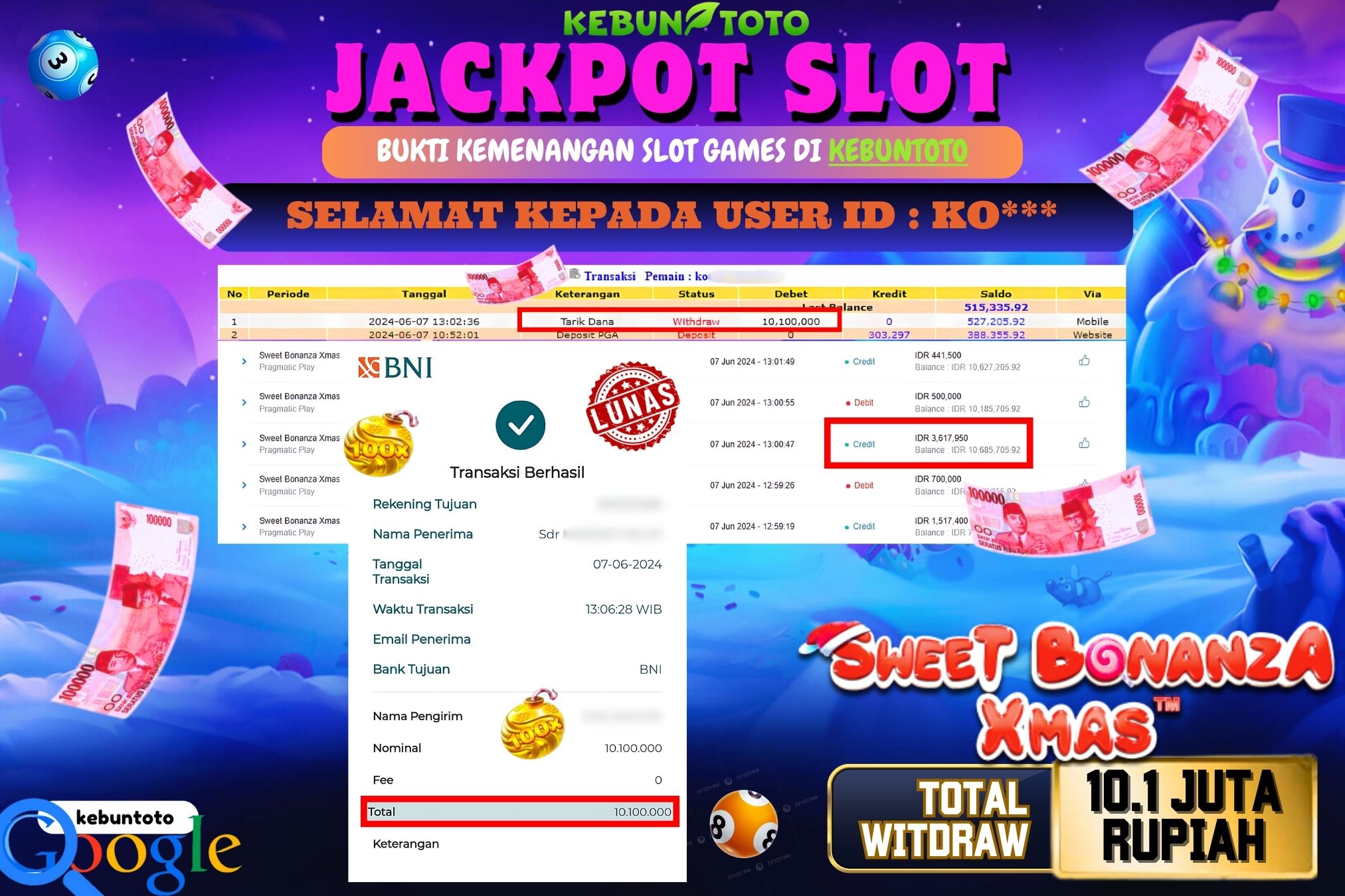 KEBUNTOTO JACKPOT SLOT SWEET BONANZA XMAS Rp.10.100.000,- LUNAS