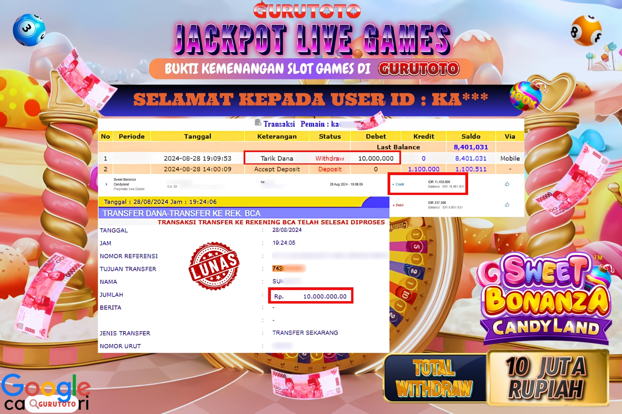 Jackpot Slot Sweet Bonanza candy land di Gurutoto sebesar Rp.10.000.000 dibayar lunas.