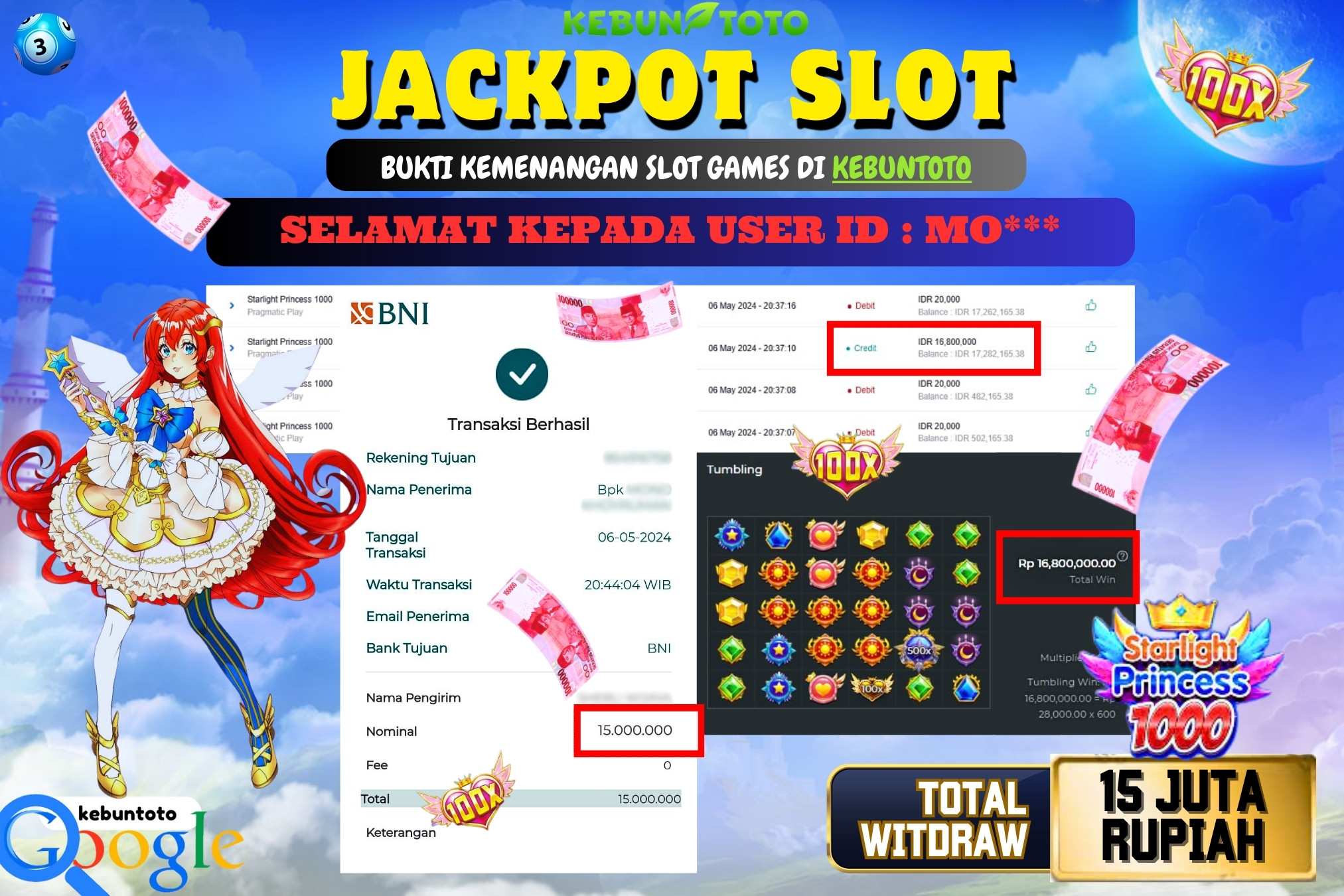 KEBUNTOTO JACKPOT SLOT STARLIGHT PRINCESS 1000 Rp.15.000.000,- LUNAS