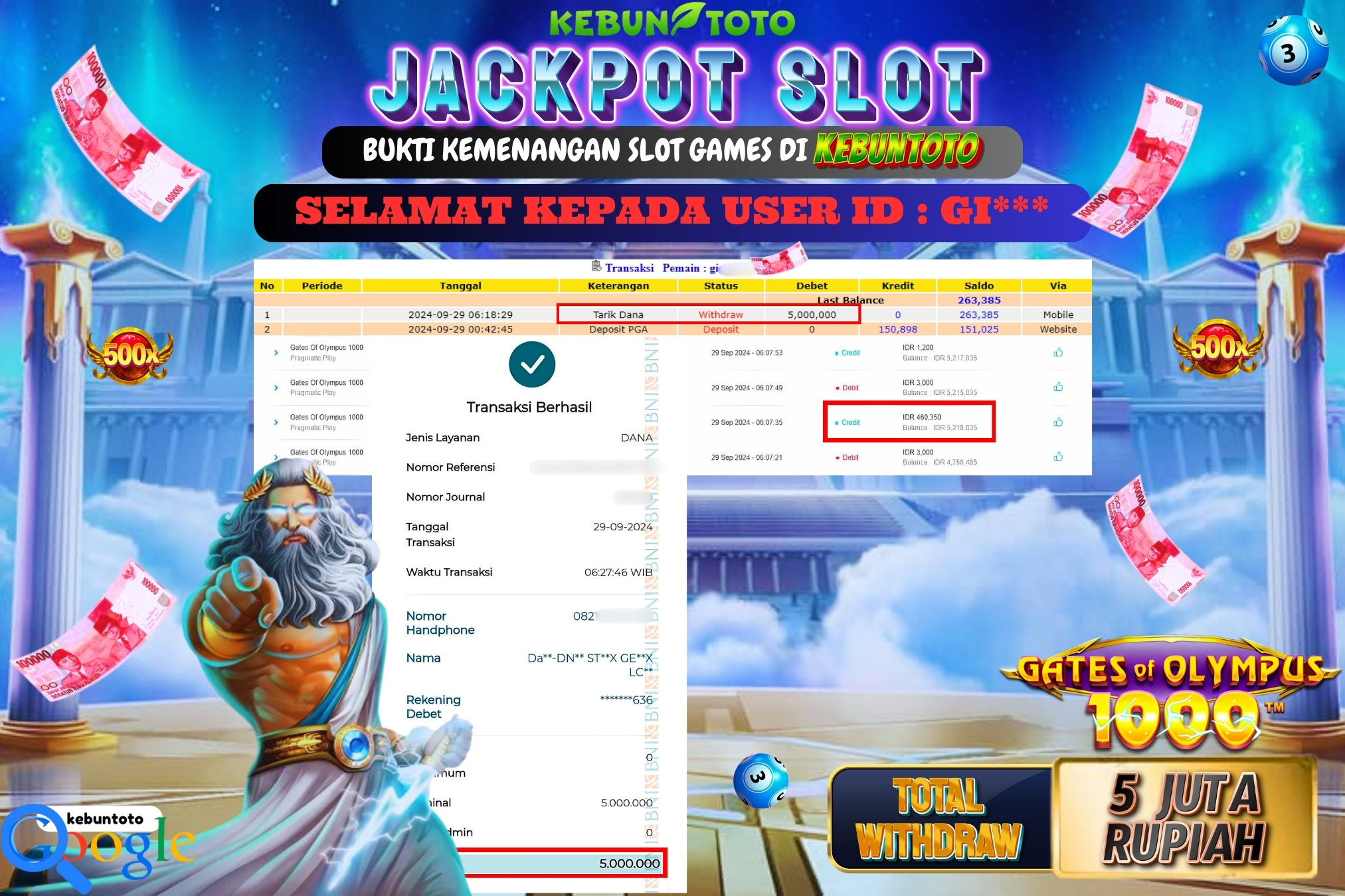 KEBUNTOTO JACKPOT SLOT GATES OF OLYMPUS 1000 Rp.5.000.000,- LUNAS