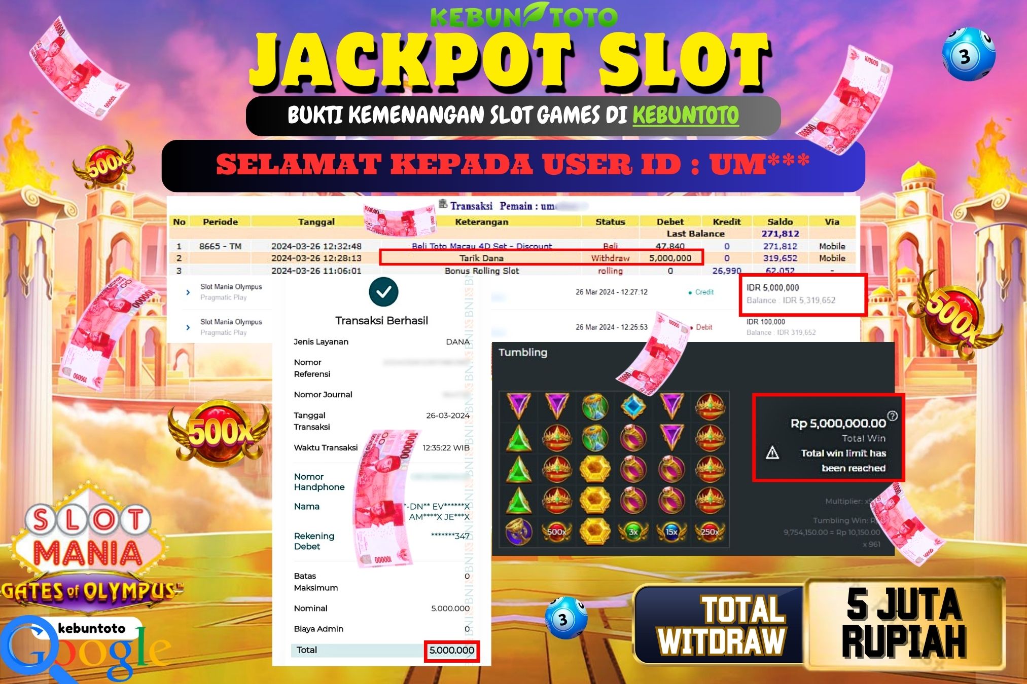 KEBUNTOTO JACKPOT SLOT SLOT MANIA OLYMPUS Rp.5.000.000,- LUNAS