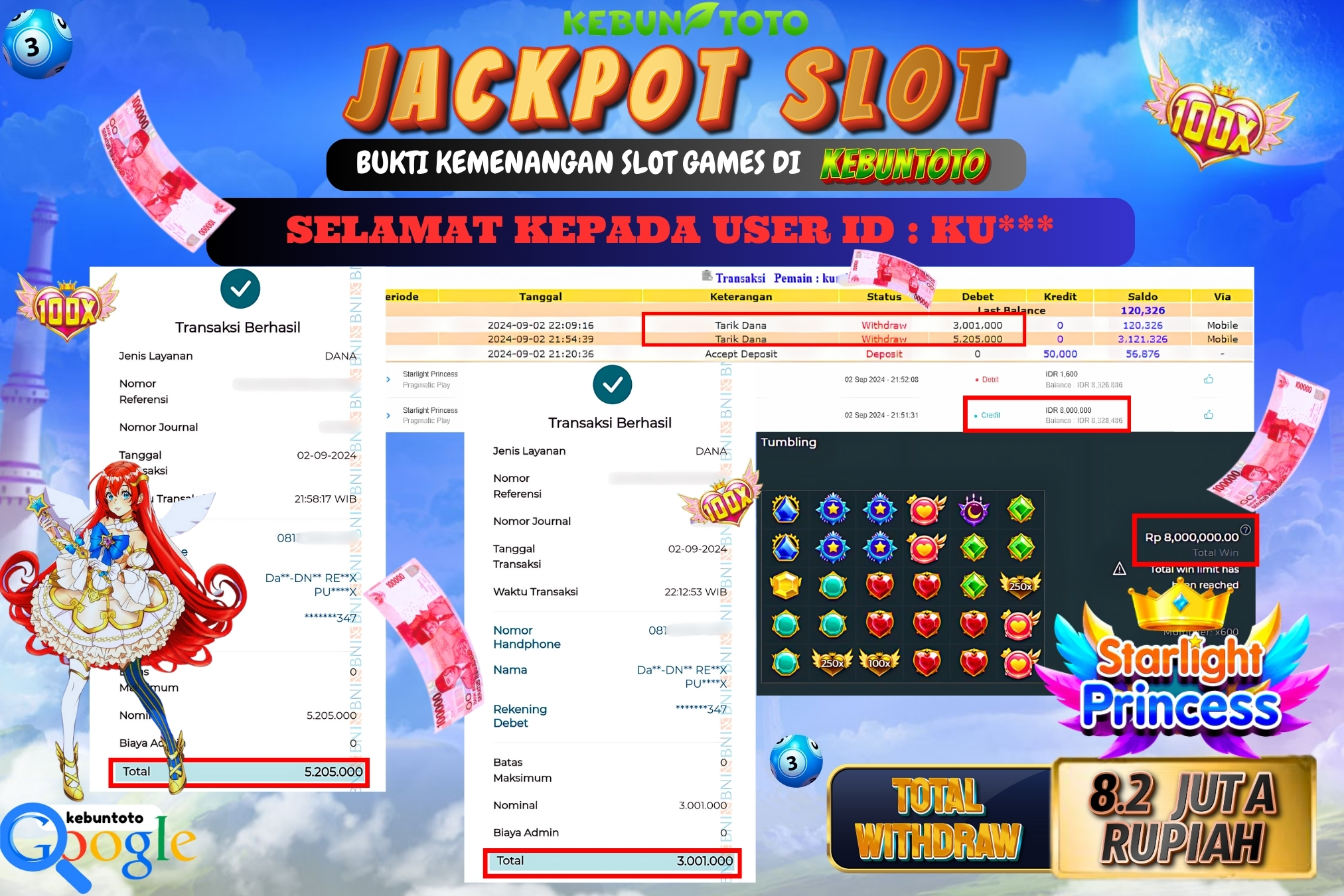 KEBUNTOTO JACKPOT SLOT STARLIGHT PRINCESS Rp.8.206.000,- LUNAS
