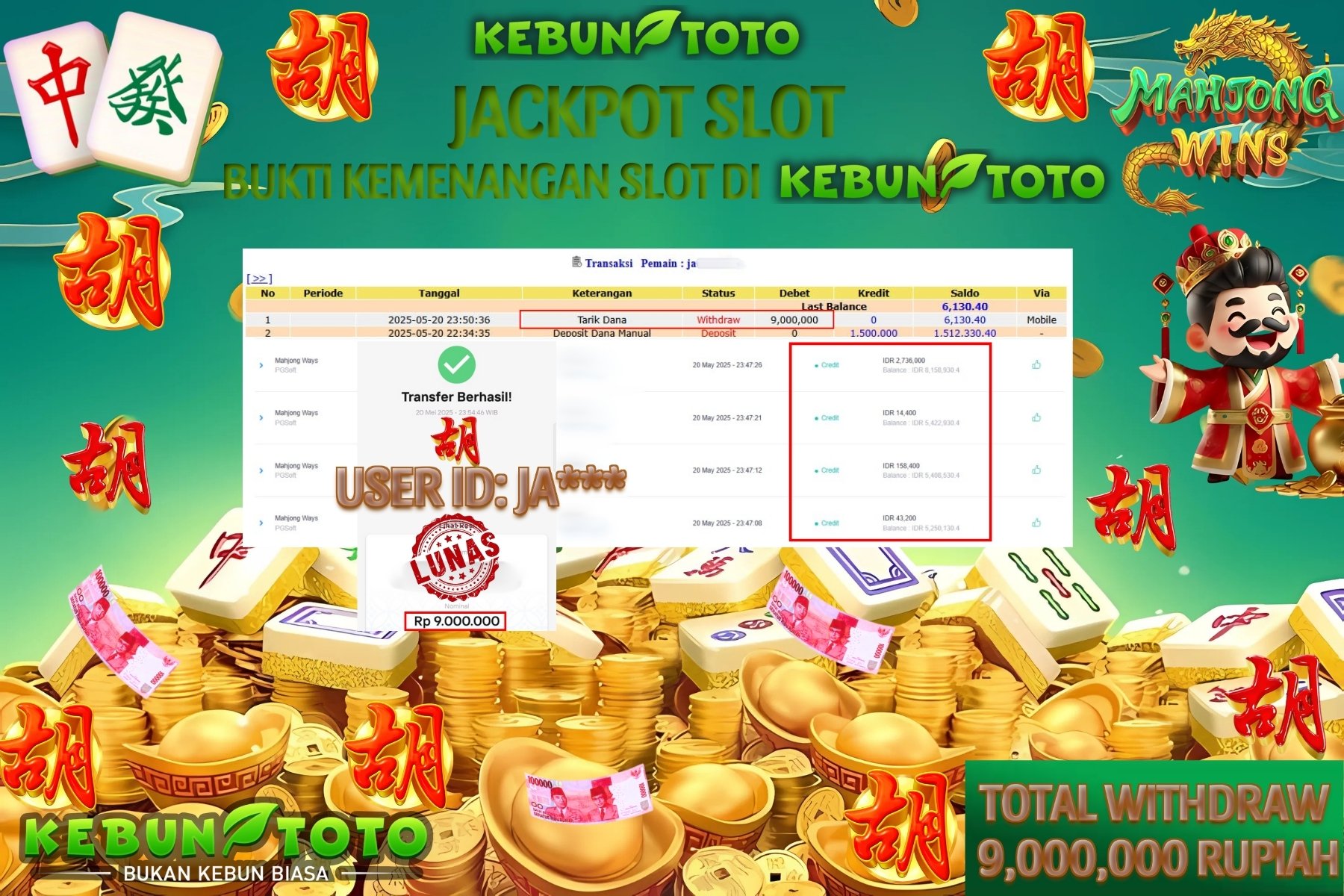 KEBUNTOTO JACKPOT SLOT MAHJONG WAYS Rp 9.000.000 ,- LUNAS