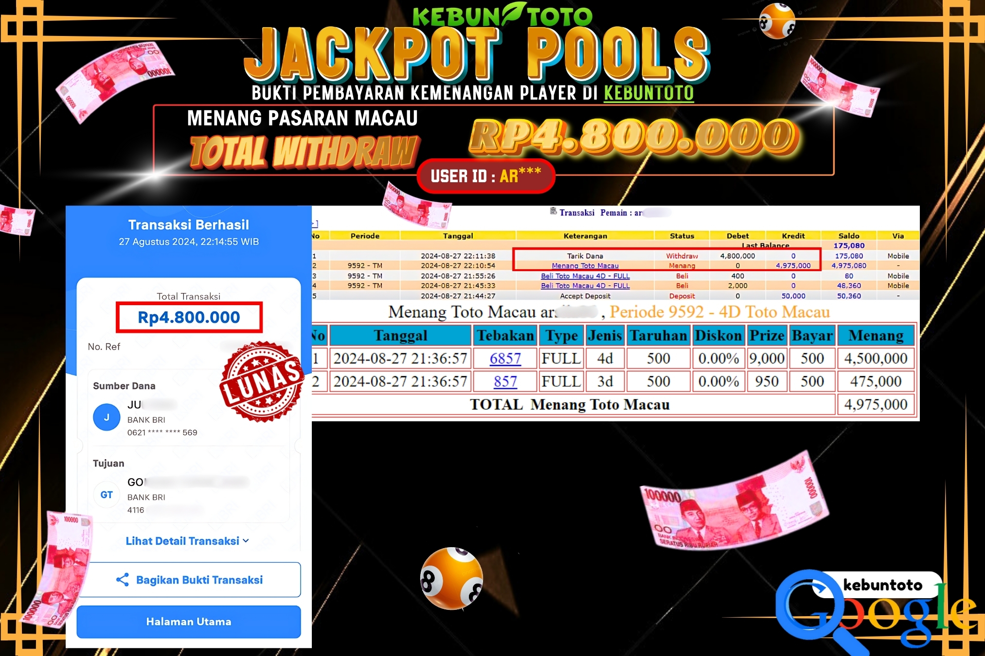 KEBUNTOTO JACKPOT TOGEL PASARAN MACAU Rp.4.800.000,- LUNAS