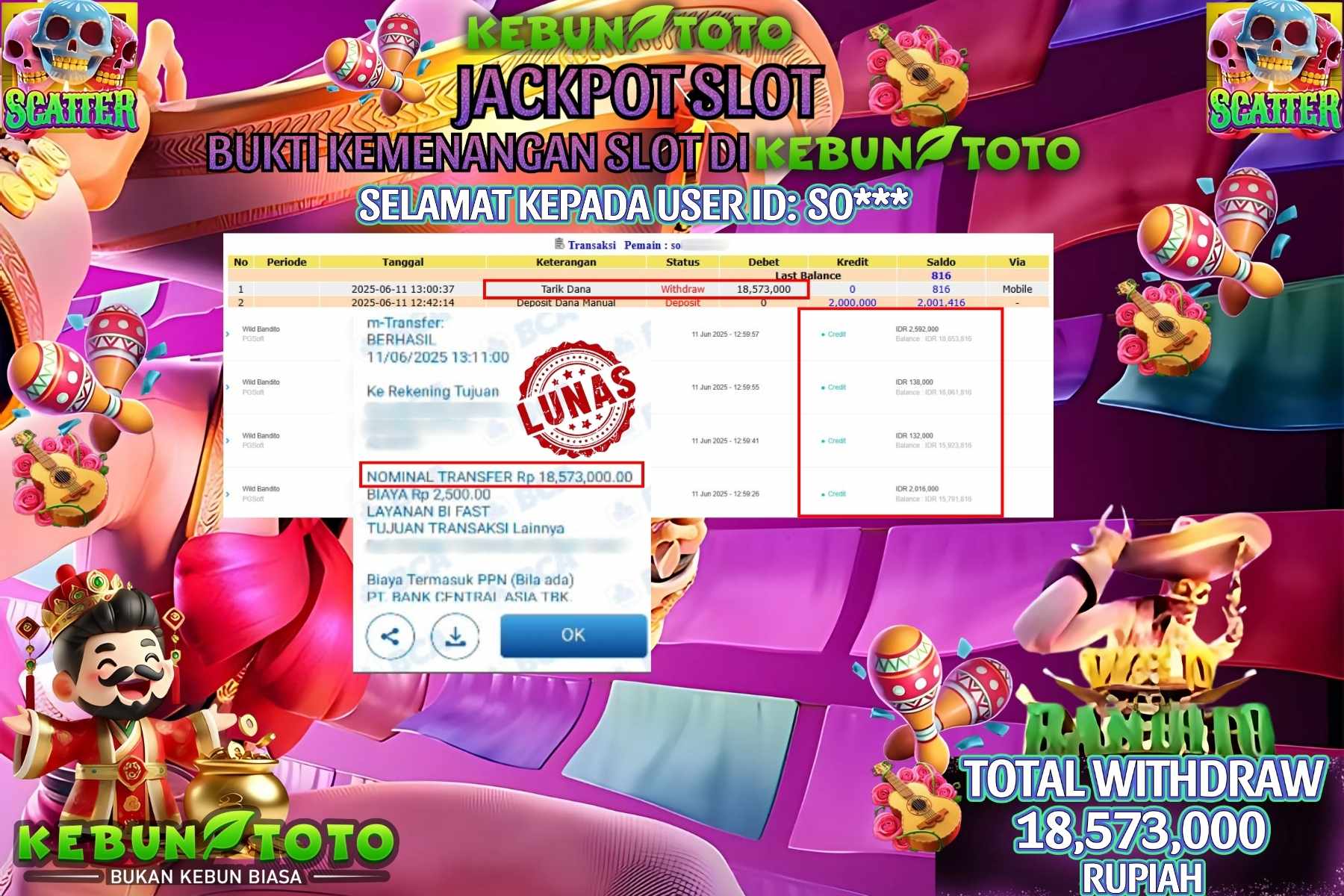 KEBUNTOTO JACKPOT SLOT WILD BANDITO Rp 18.573.000,- LUNAS