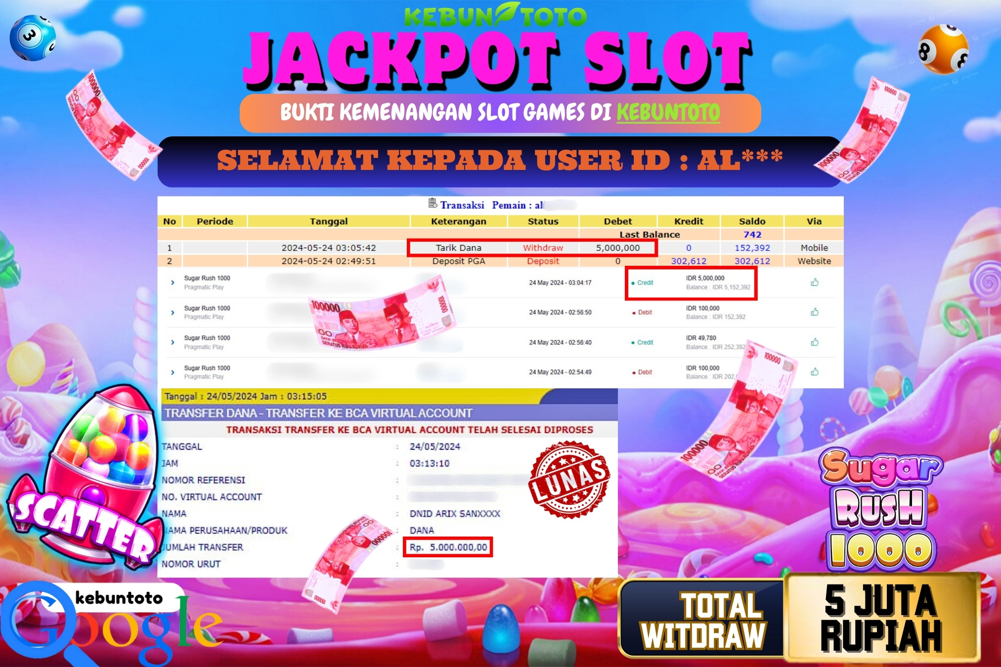KEBUNTOTO JACKPOT SLOT SUGAR RUSH 1000 Rp.5.000.000,- LUNAS