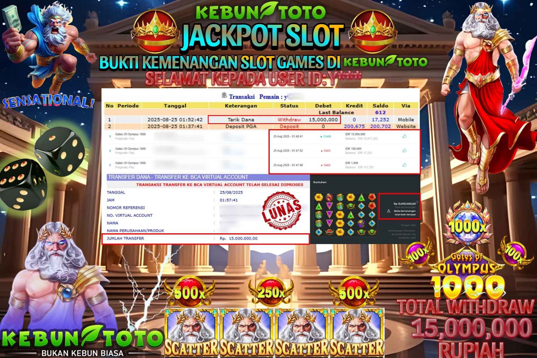 Bukti Kemenangan Rp 15.000.000 SLOT GATES OF OLYMPUS 1000 di KEBUNTOTO!