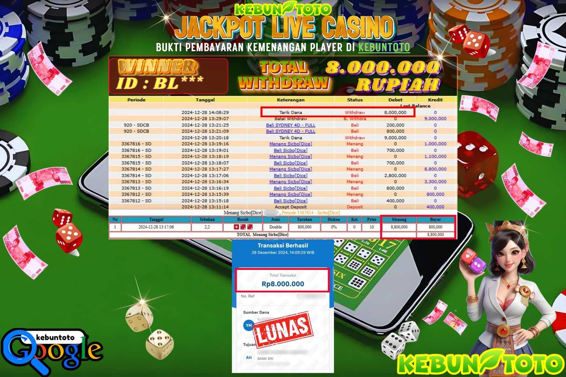 KEBUNTOTO JACKPOT LIVE CASINO SICBO DICE , Sebesar Rp.8.000.000,- LUNAS