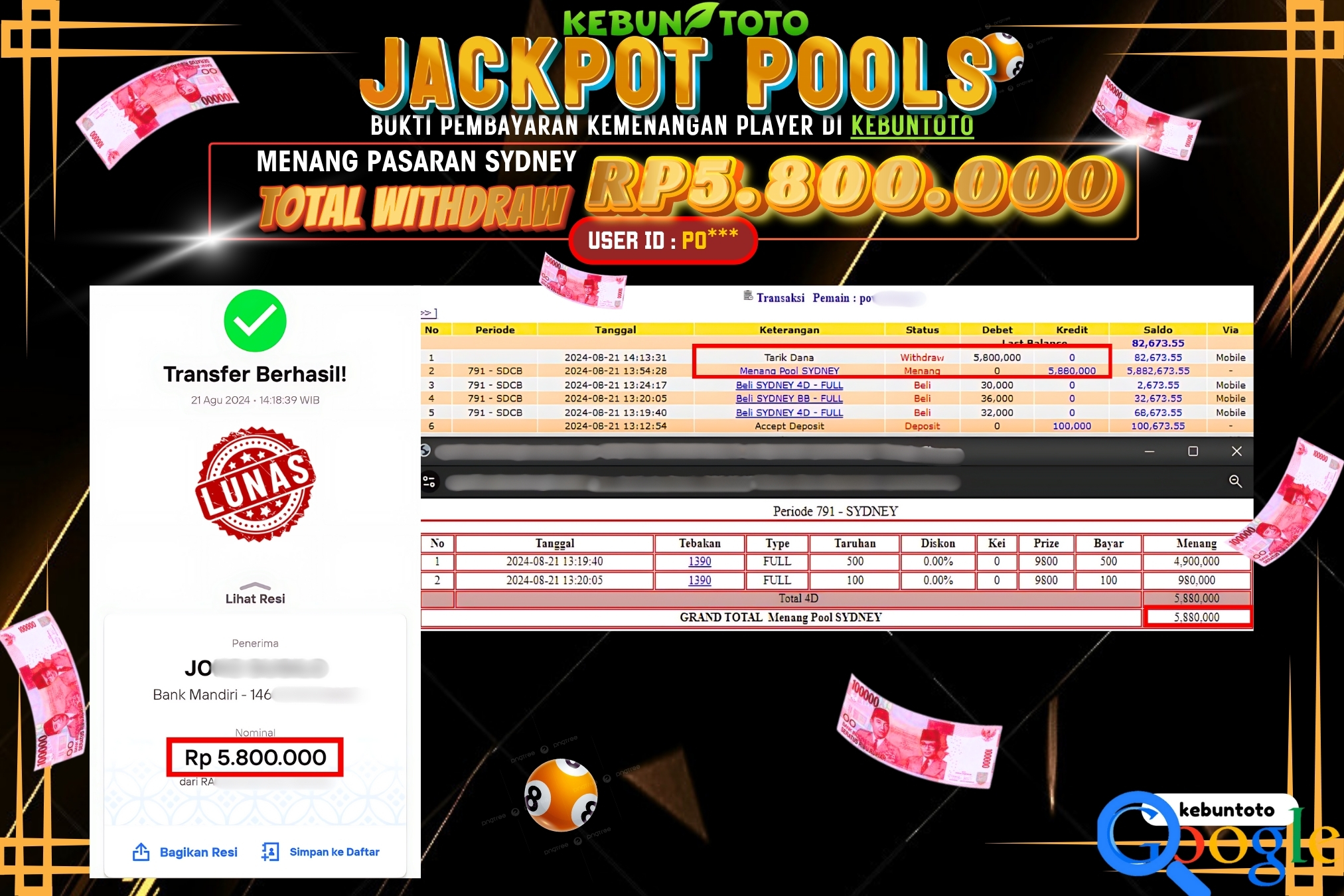 KEBUNTOTO JACKPOT TOGEL PASARAN SYDNEY Rp.5.800.000,- LUNAS