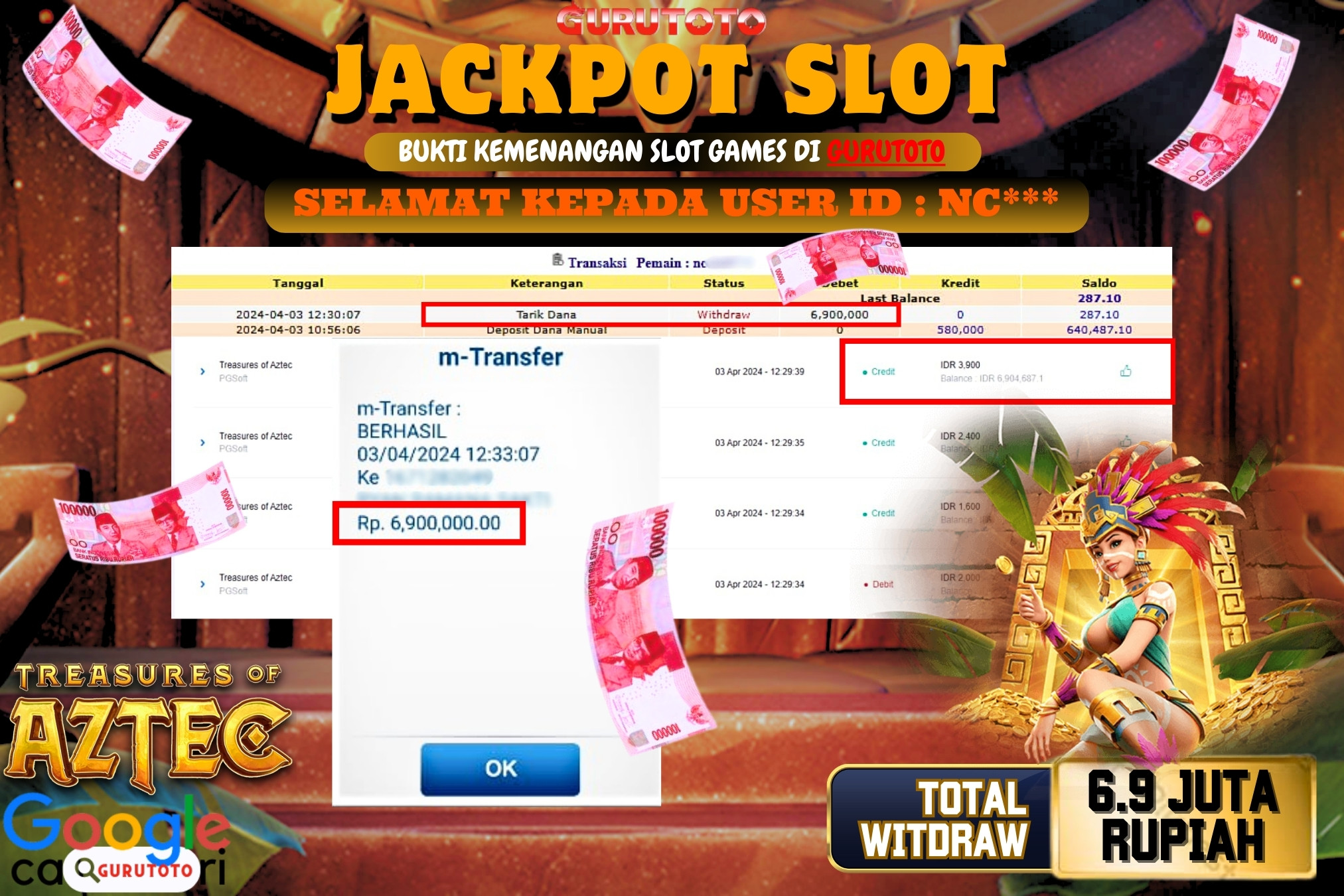 Jackpot  SLOT TREASURES OF AZTEC di Gurutoto sebesar Rp.6.900.000 dibayar lunas.