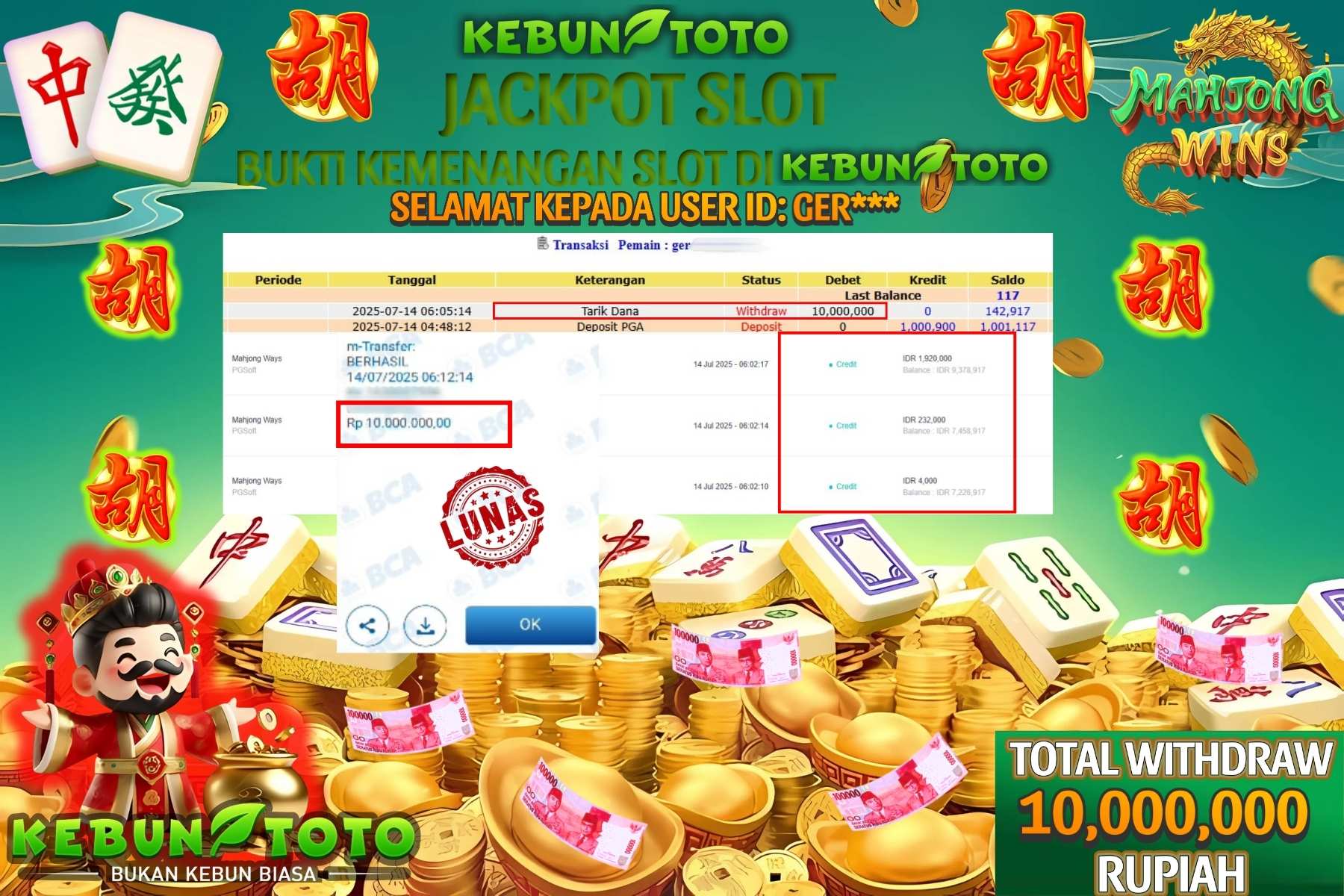 Bukti Kemenangan Rp 10.000.000 SLOT MAHJONG WAYS di KEBUNTOTO!