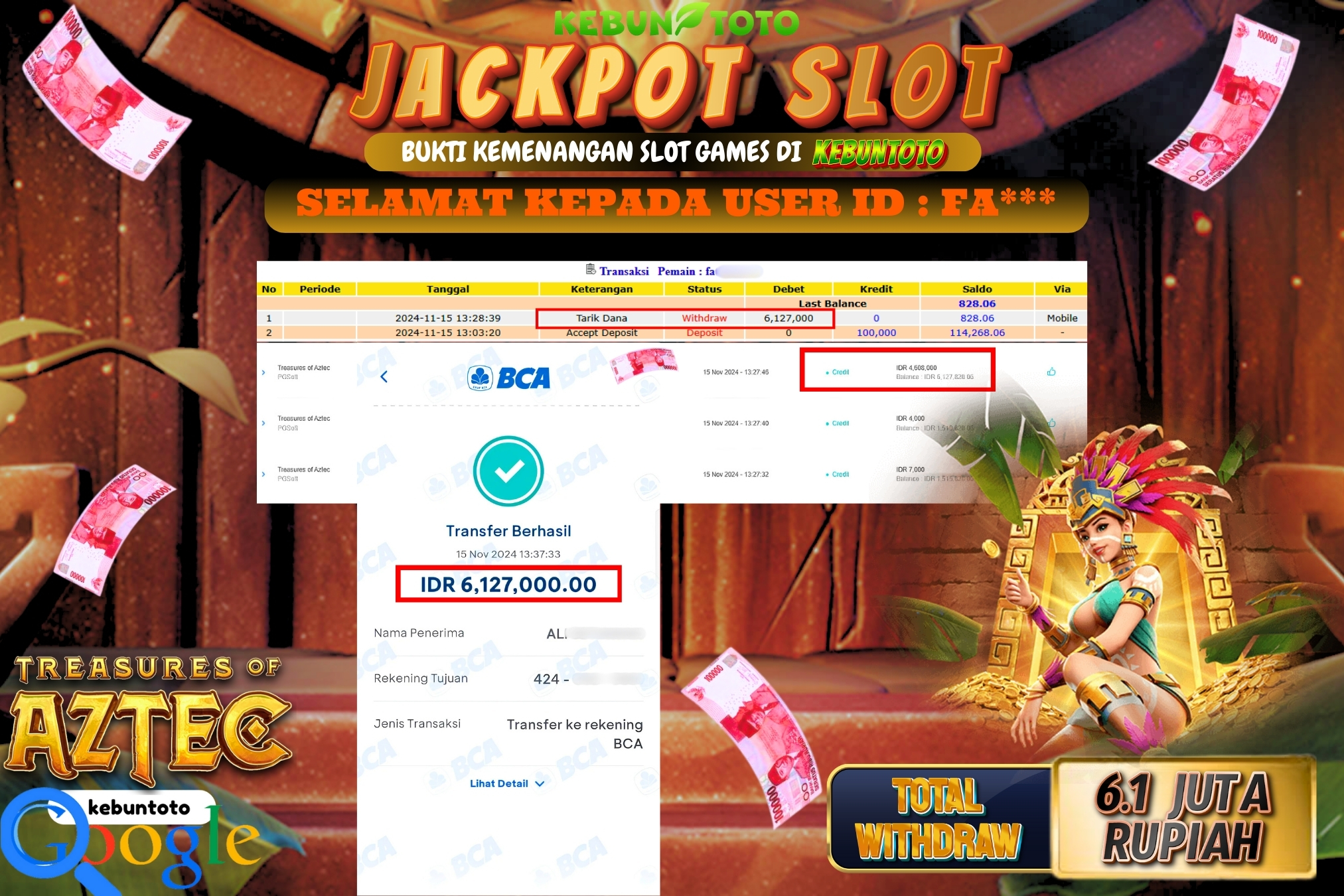 KEBUNTOTO JACKPOT SLOT TREASURE OF AZTEX Rp.6.127.000,- LUNAS