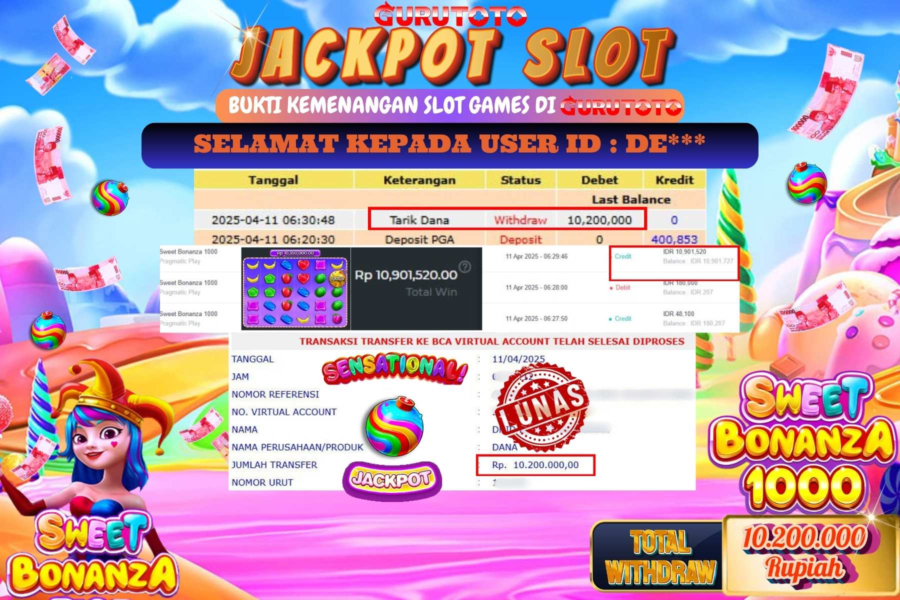GURUTOTO JACKPOT, SLOT SWEET BONANZA 1000 , Sebesar Rp 10.200.000,- LUNAS