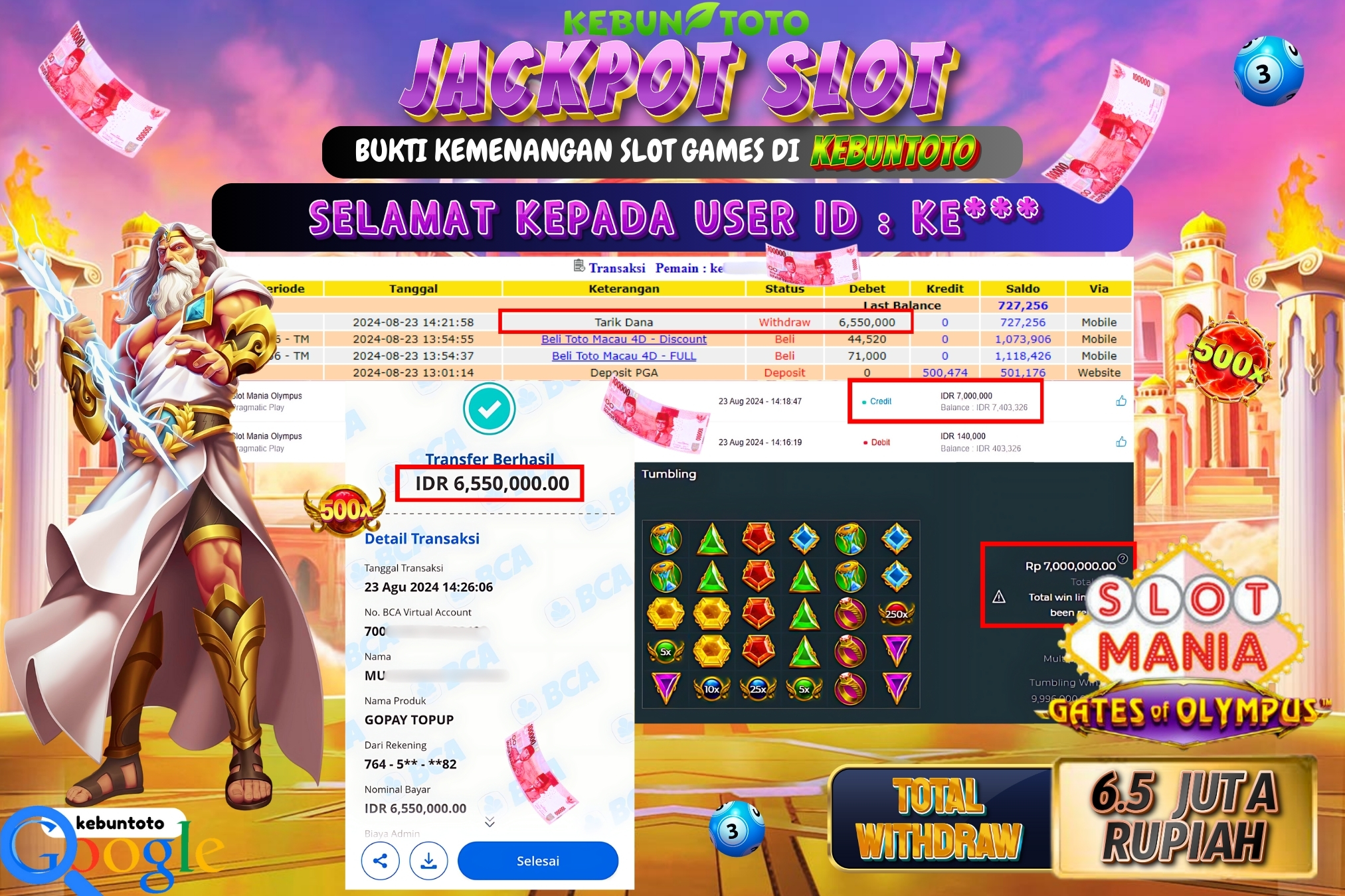 KEBUNTOTO JACKPOT SLOT MANIA OLYMPUS Rp.6.550.000,- LUNAS