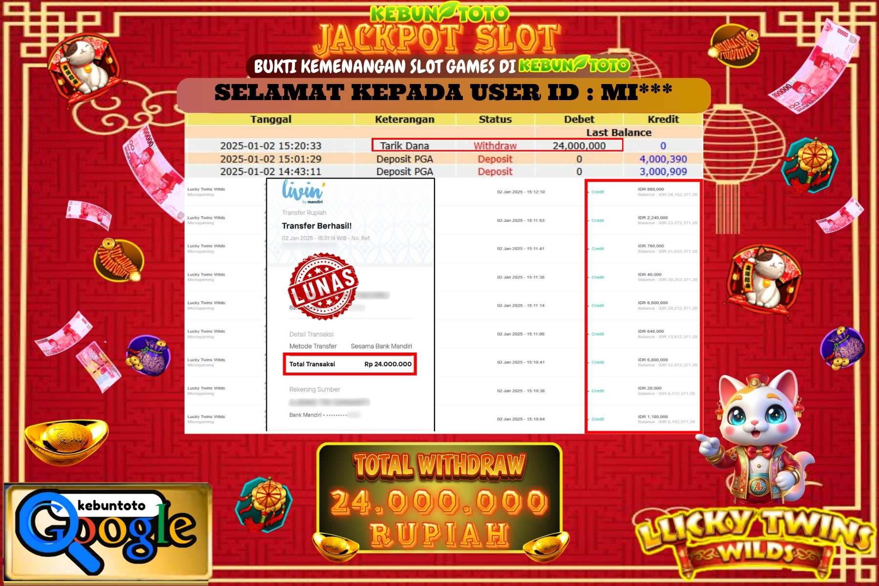 KEBUNTOTO JACKPOT SLOT LUCKY TWINS WILD , Sebesar Rp.24.000.000,- LUNAS