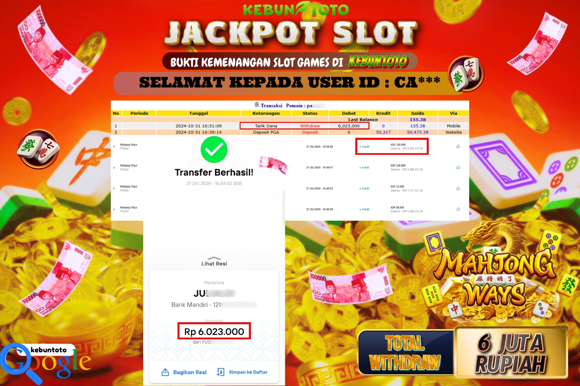 KEBUNTOTO JACKPOT SLOT MAHJONG WAYS Rp.6.023.000,- LUNAS