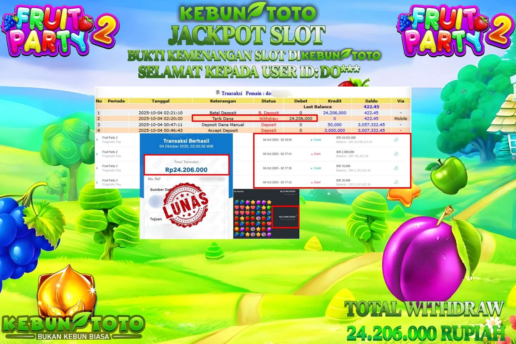 Bukti Kemenangan Rp 24.206.000 SLOT FRUIT PARTY 2 di KEBUNTOTO!