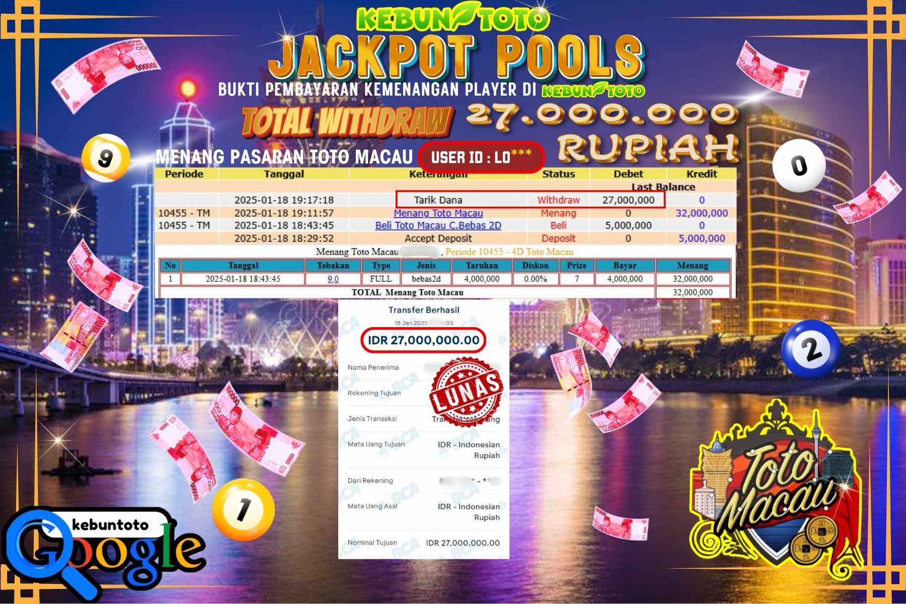 KEBUNTOTO JACKPOT TOTO MACAU POOLS , Sebesar Rp.27.000.000,- LUNAS
