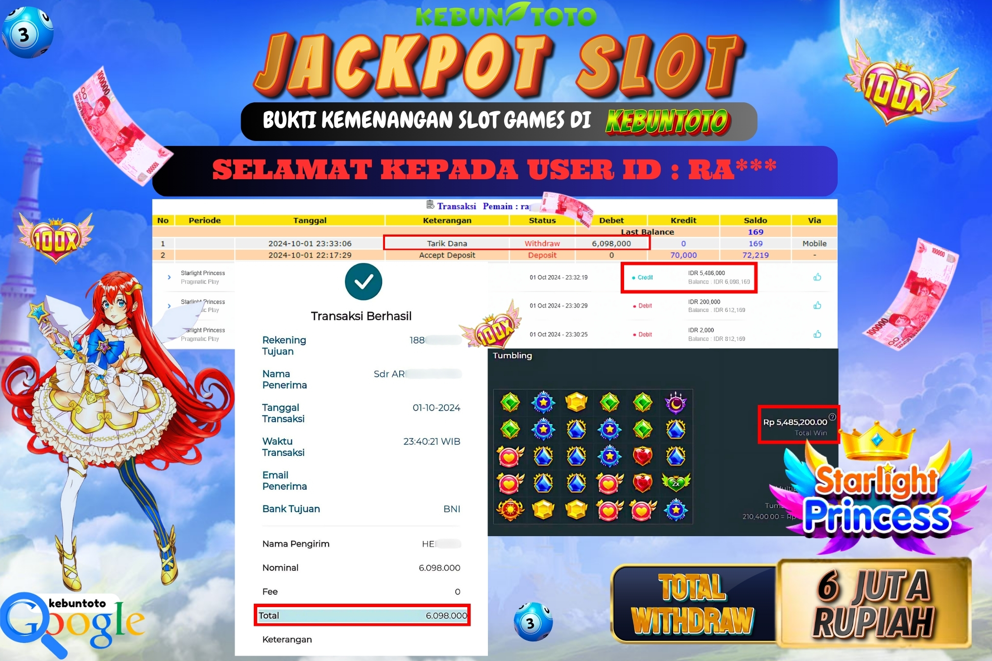 KEBUNTOTO JACKPOT SLOT STARLIGHT PRINCESS Rp.6.098.000,- LUNAS
