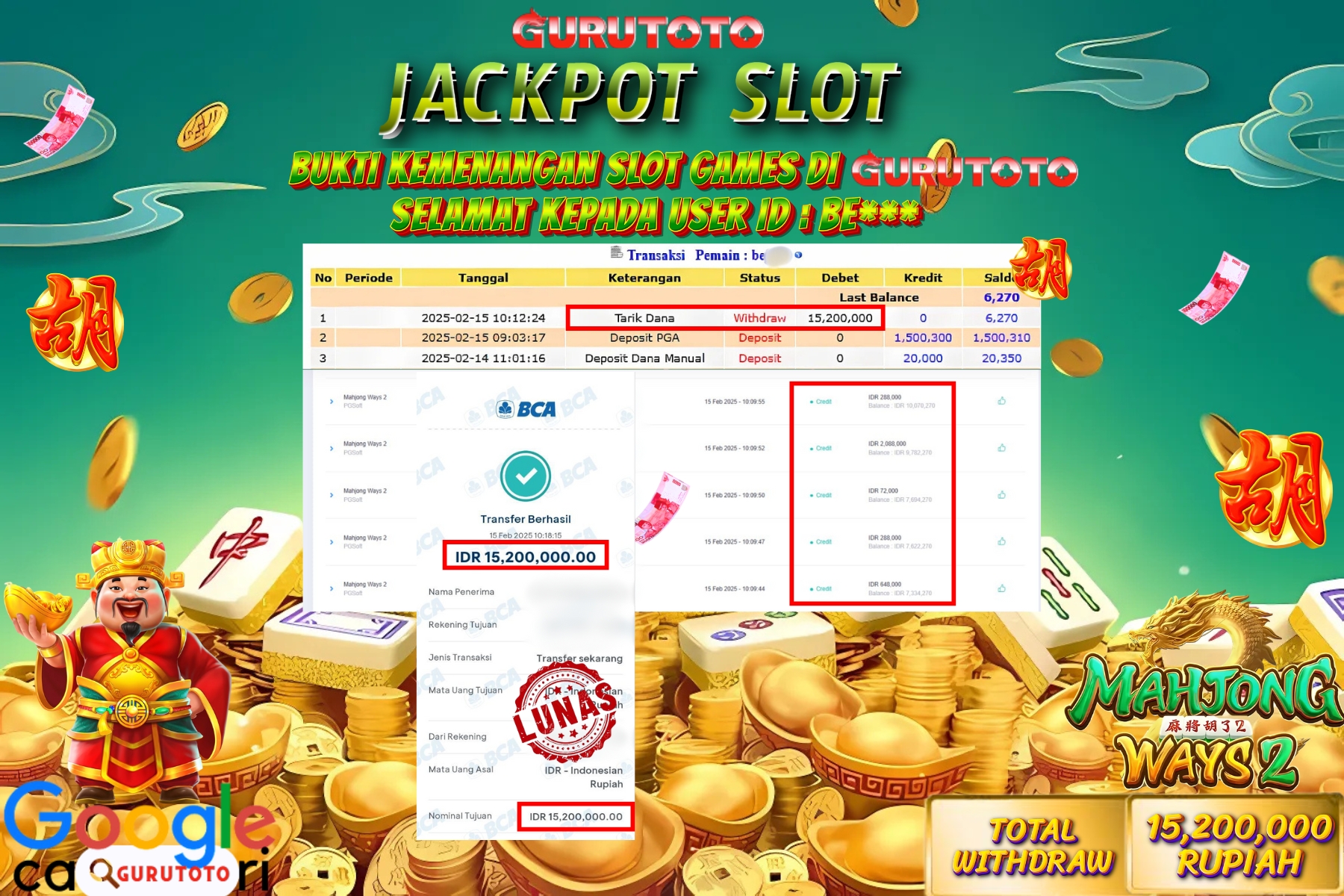 GURUTOTO JACKPOT, MAHJONG WAYS 2  , Sebesar Rp 15.200.000,- LUNAS