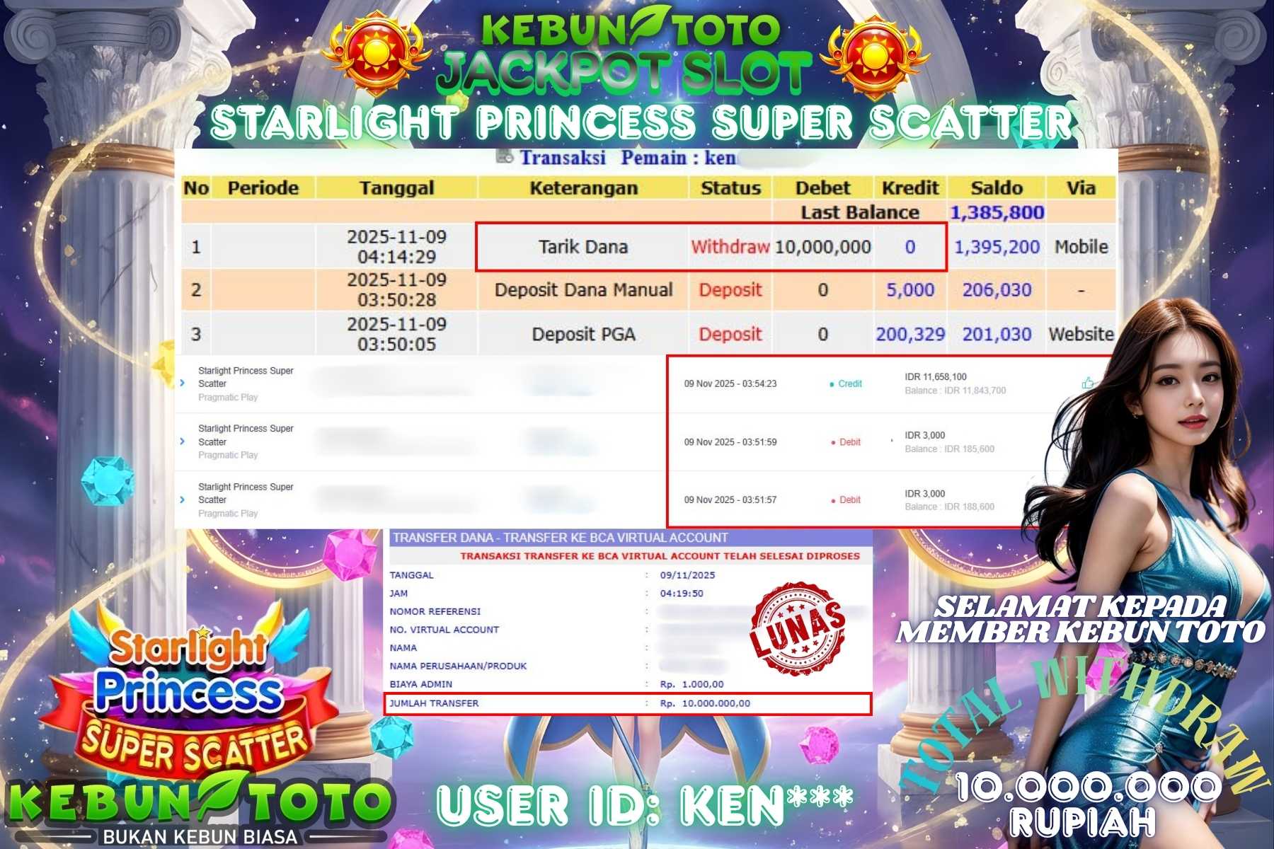 Bukti Kemenangan Rp 10.000.000 SLOT STARLIGHT PRINCESS SUPER SCATTER di KEBUNTOTO!