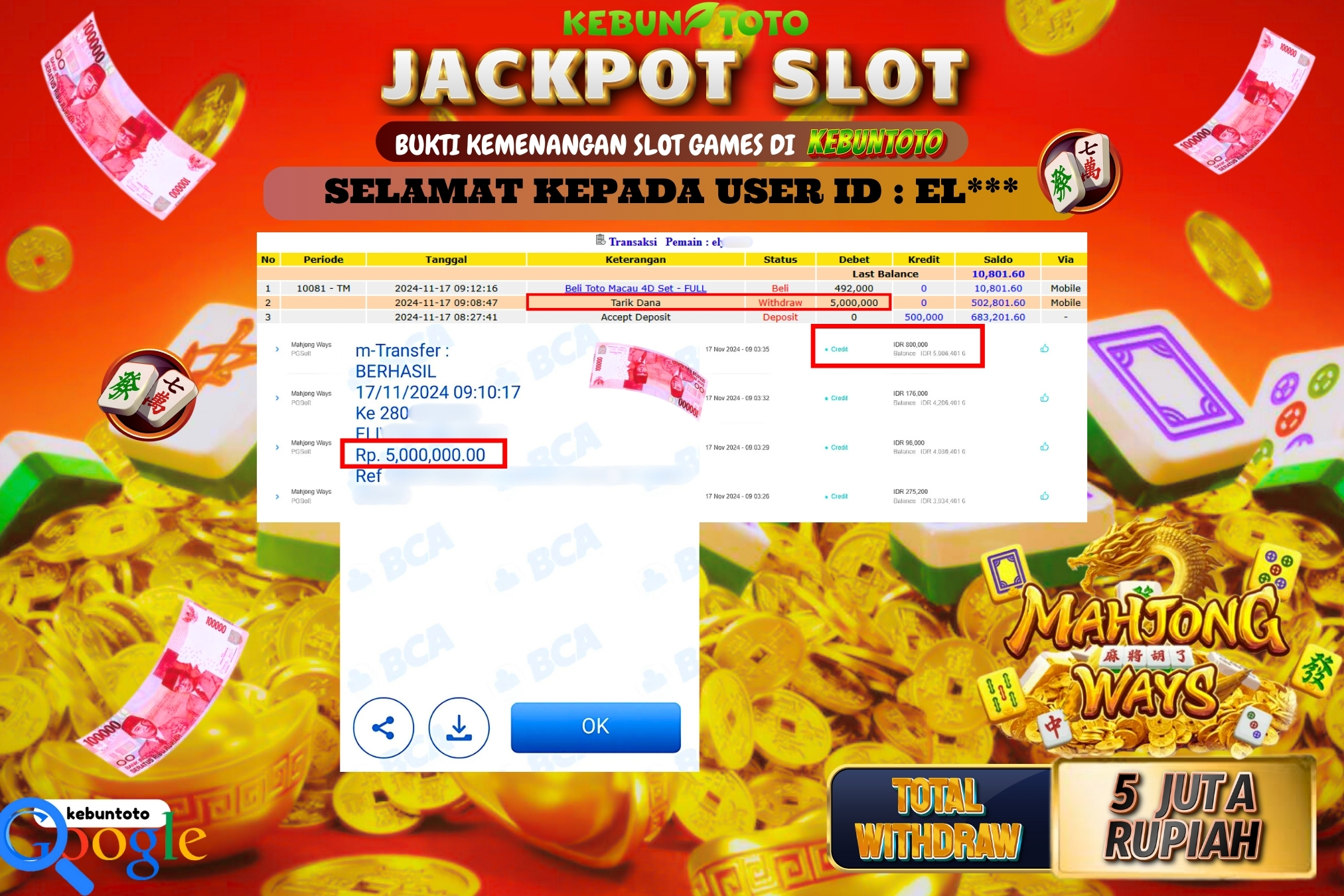 KEBUNTOTO JACKPOT SLOT MAHJONG WAYS Rp.5.000.000,- LUNAS