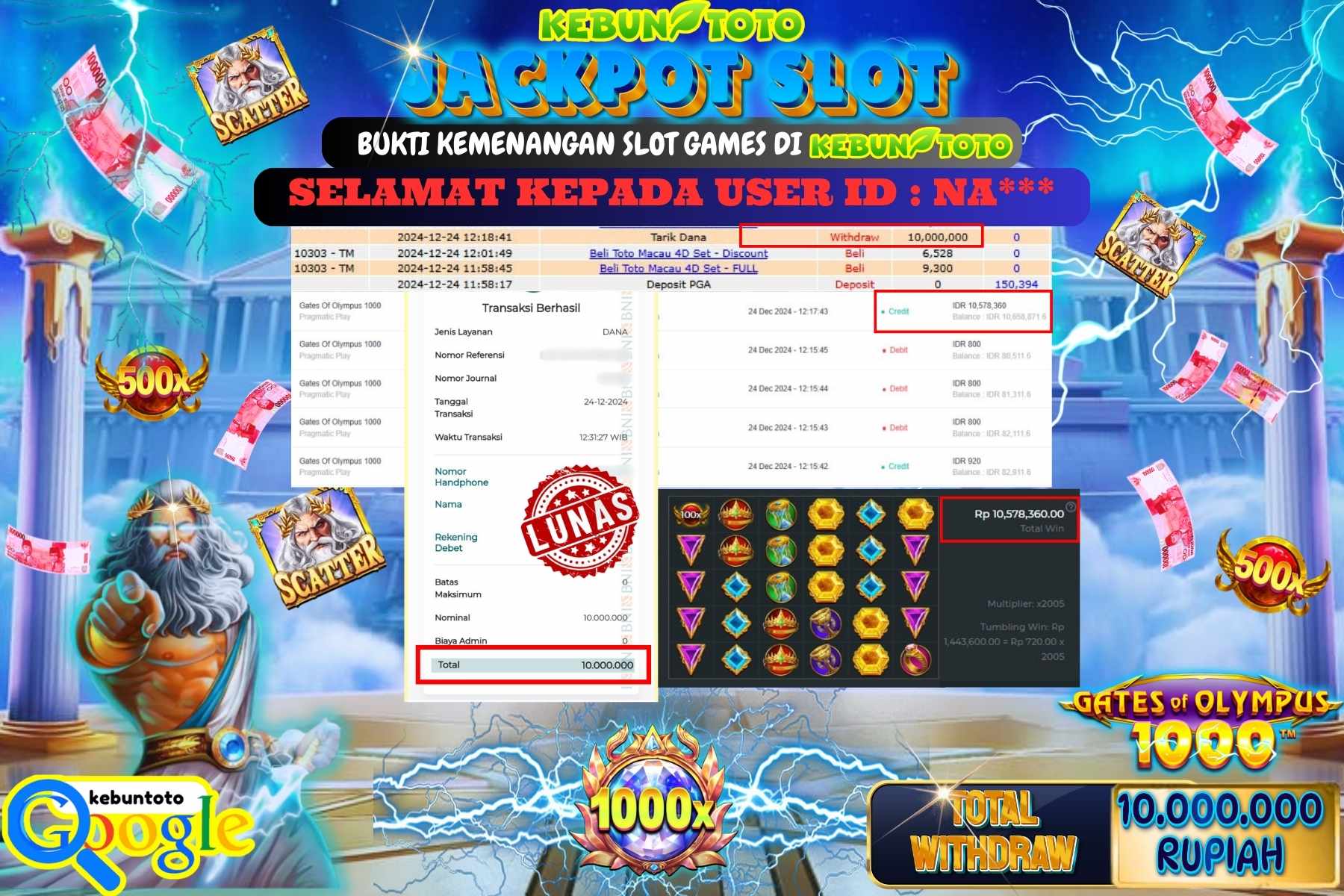 KEBUNTOTO JACKPOT SLOT GATES OF OLYMPUS 1000 , Sebesar Rp.10.000.000,- LUNAS