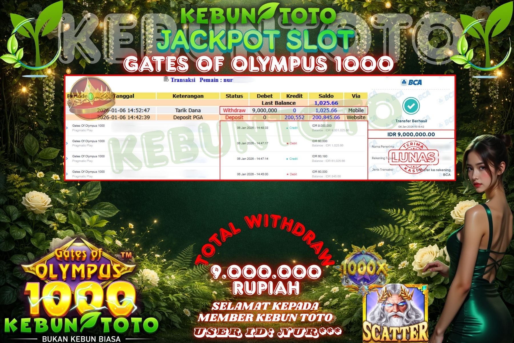 Bukti Kemenangan Rp 9.000.000 SLOT GATES OF OLYMPUS 1000 di KEBUNTOTO!