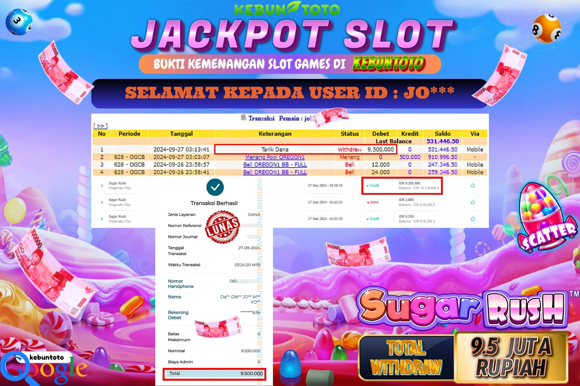 KEBUNTOTO JACKPOT SLOT SUGAR RUSH Rp.9.500.000,- LUNAS