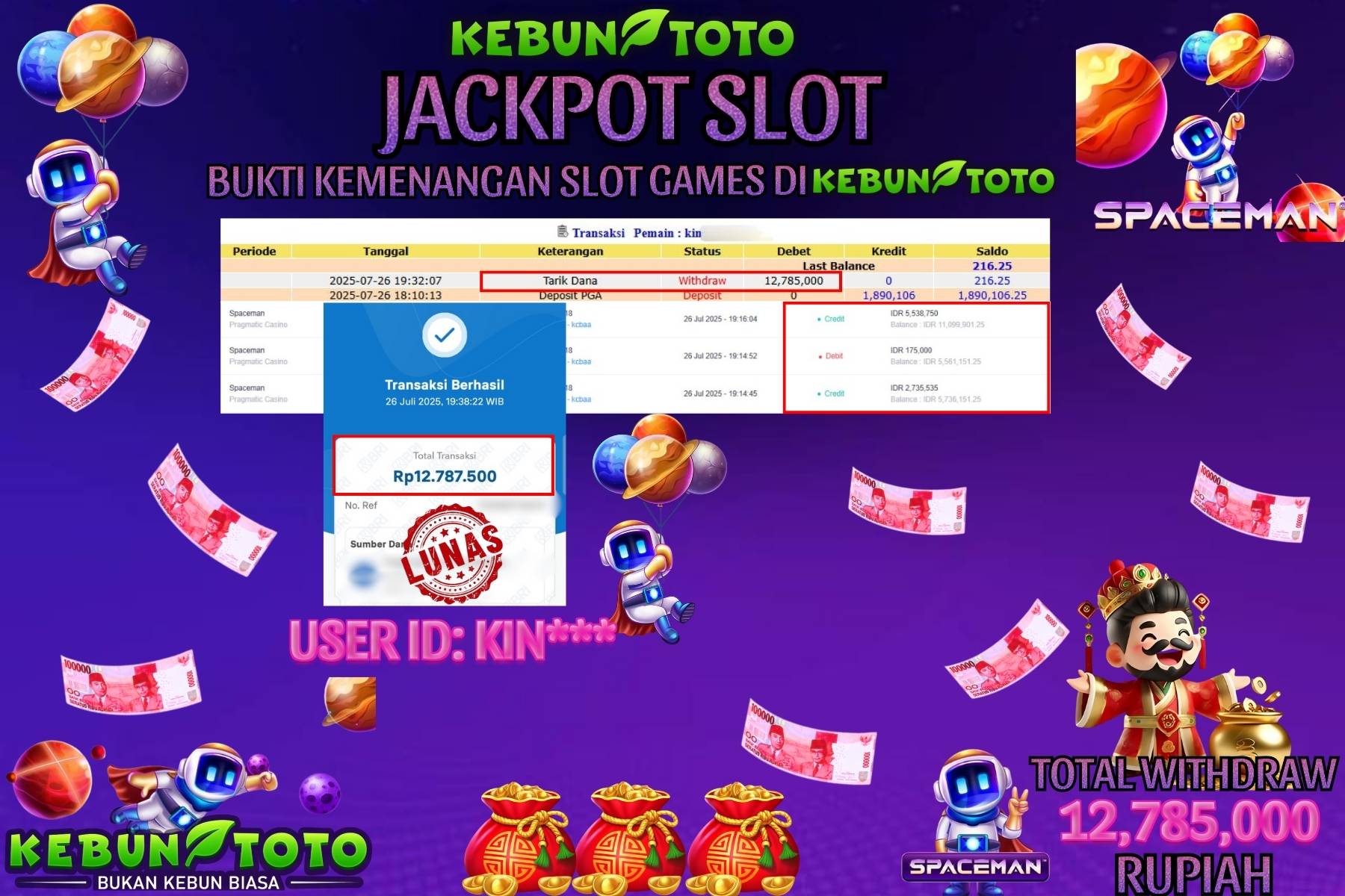 Bukti Kemenangan Rp 12.785.000 SLOT SPACEMAN di KEBUNTOTO!