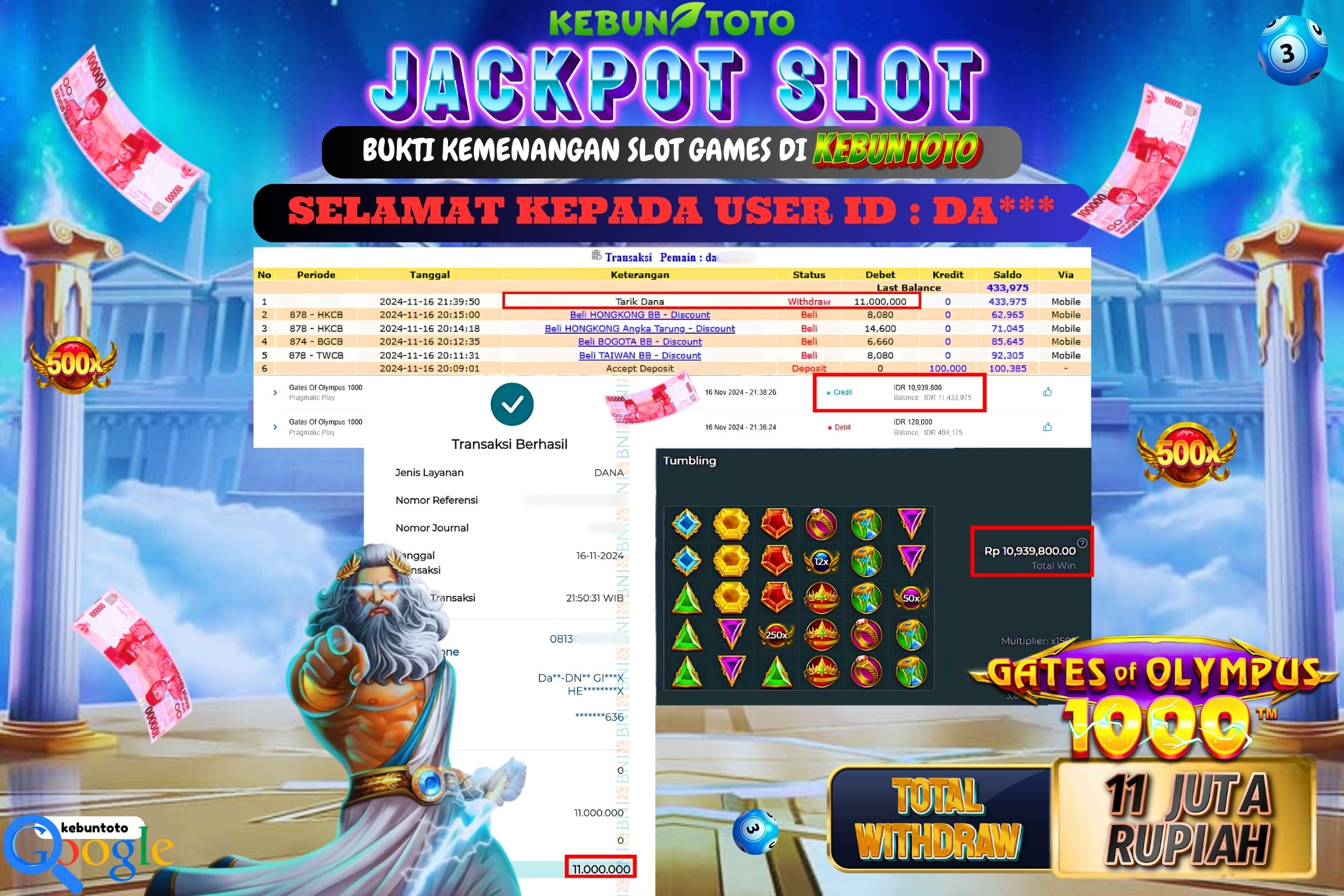 KEBUNTOTO JACKPOT SLOT GATES OF OLYMPUS 1000 Rp.11.000.000,- LUNAS