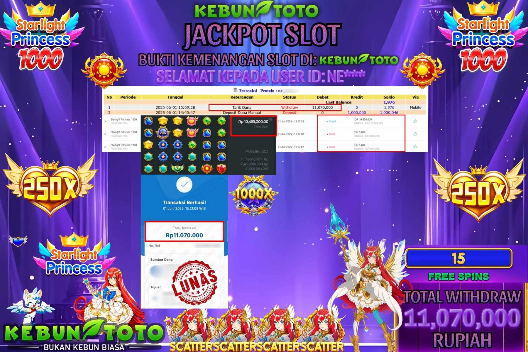 KEBUNTOTO JACKPOT SLOT STARLIGHT PRINCESS 1000 Rp 11.070.000,- LUNAS