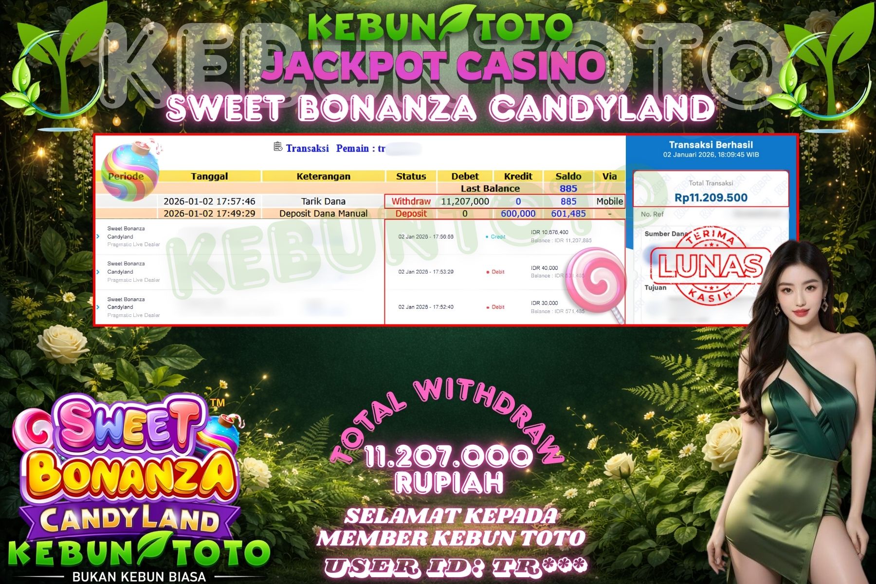 Bukti Kemenangan Rp 11.207.000 CASINO SWEET BONANZA CANDYLAND di KEBUNTOTO!