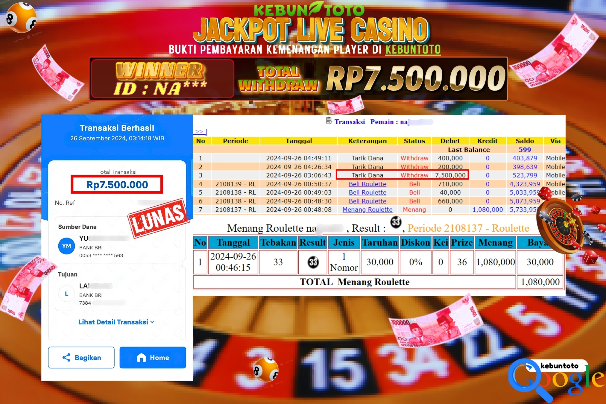 KEBUNTOTO JACKPOT LIVE CASINO ROULETTE Rp.7.500.000,- LUNAS