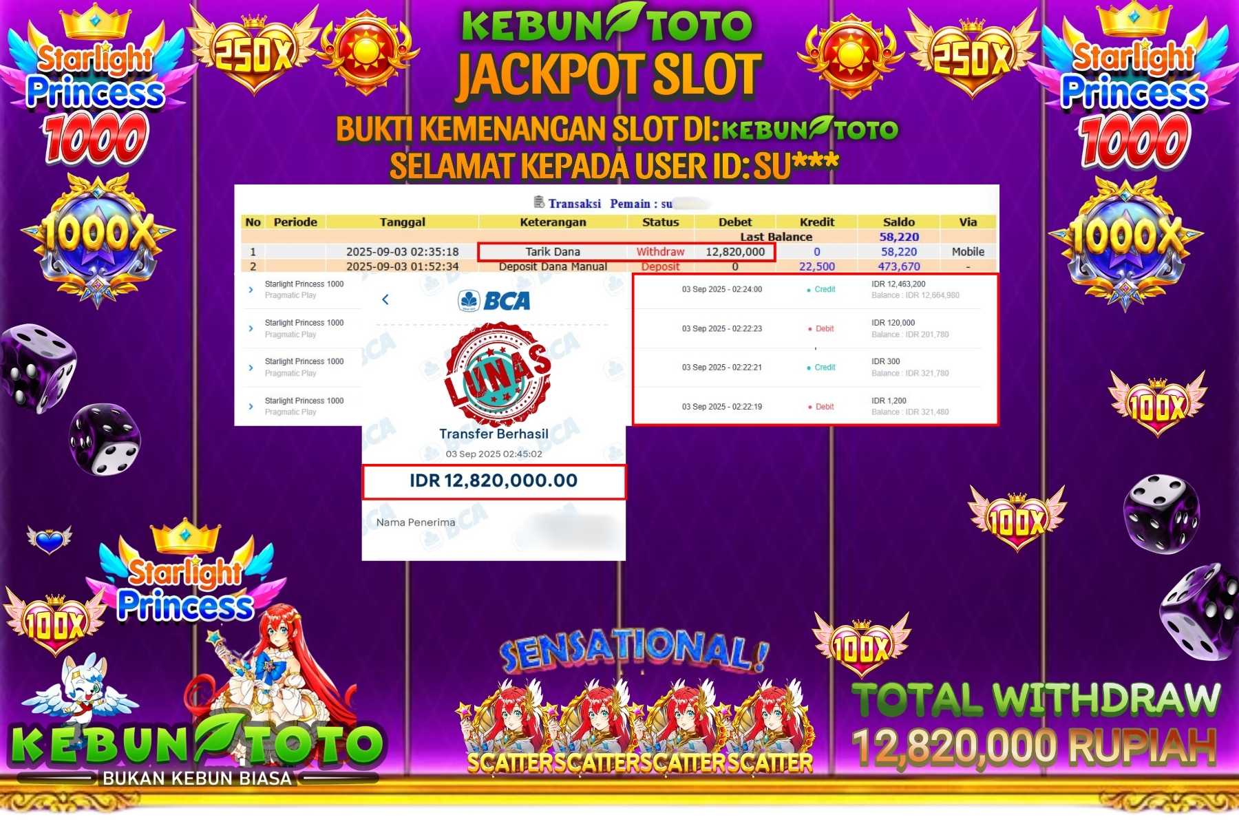 Bukti Kemenangan Rp 12.820.000 SLOT STARLIGHT PRINCESS 1000 di KEBUNTOTO!