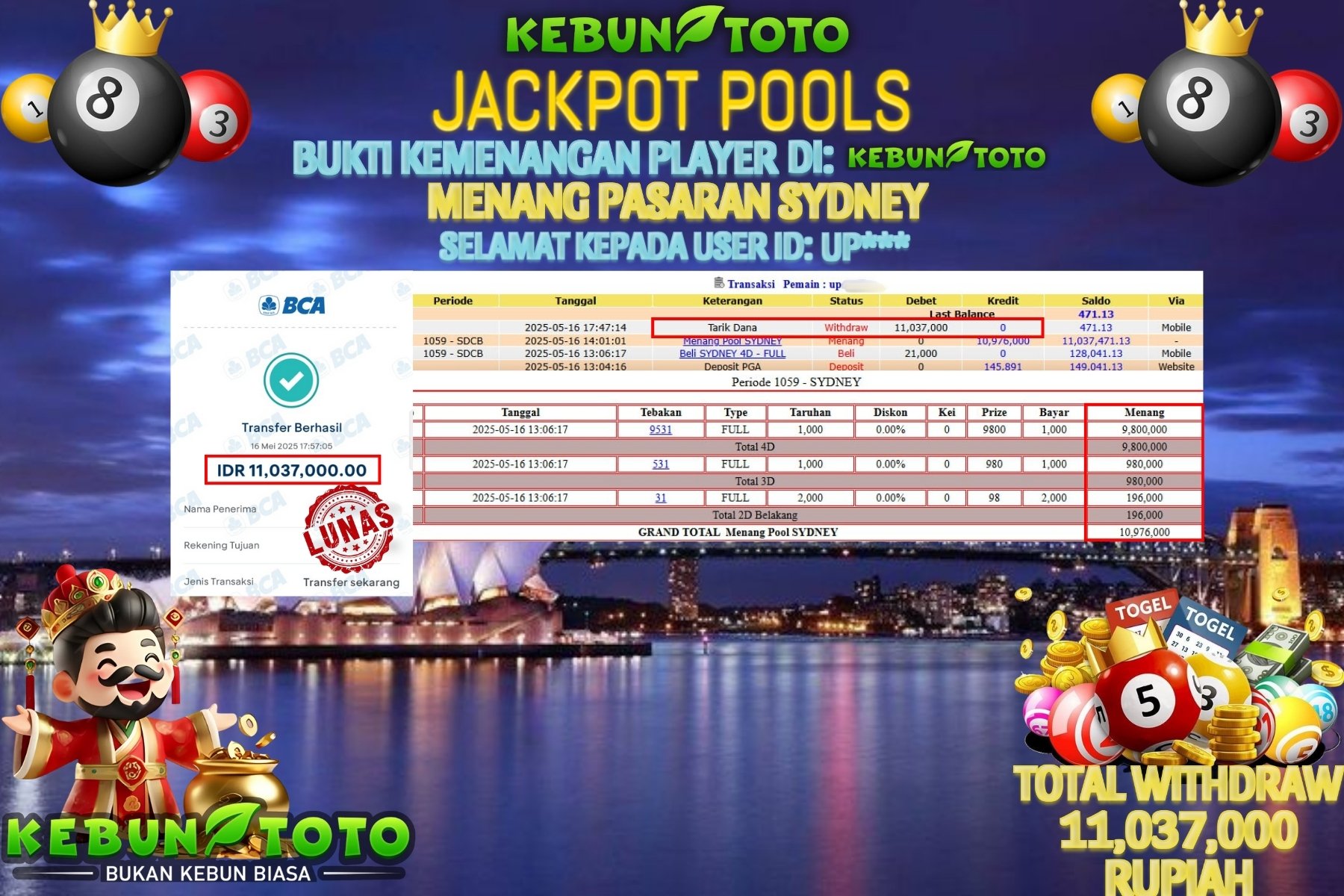 KEBUNTOTO JACKPOT TOGEL SYDNEY Rp 11.037.000 ,- LUNAS