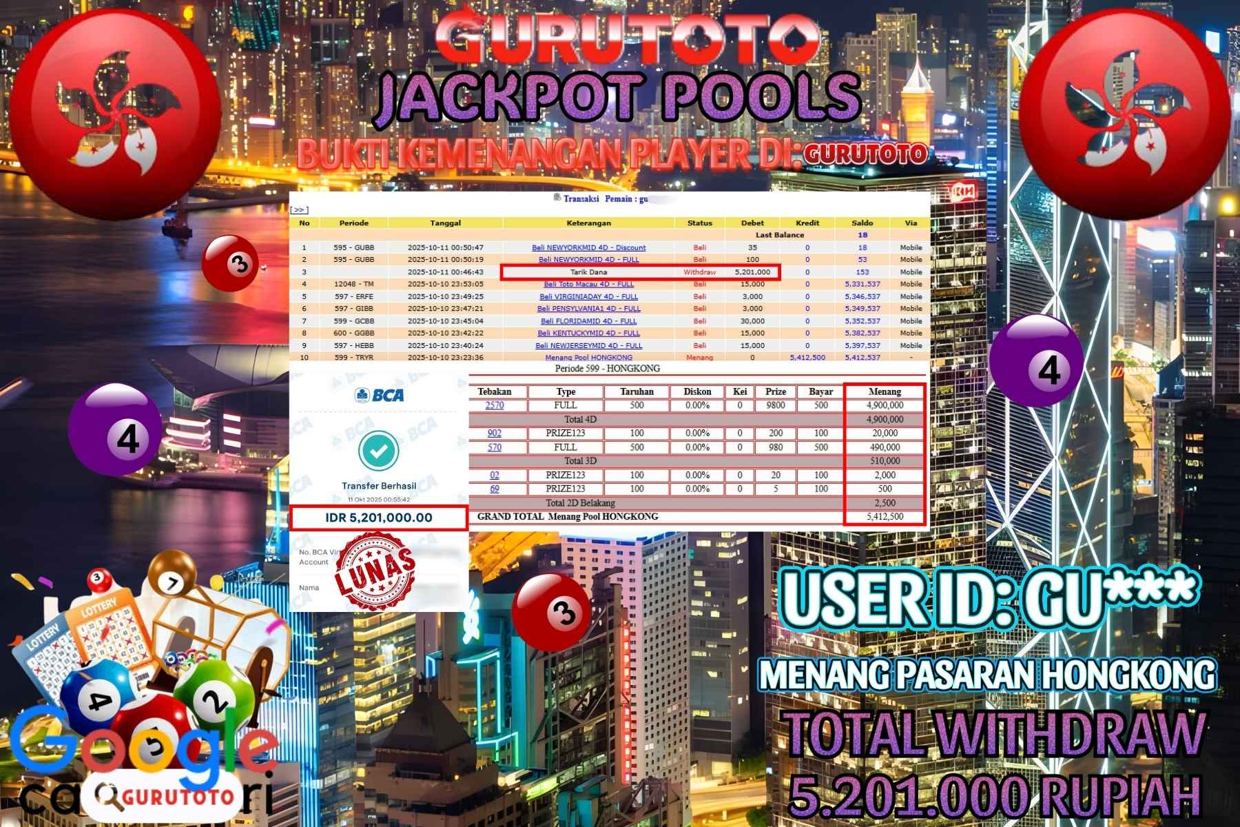 Bukti Kemenangan Rp 5.201.000 TOGEL HONGKONG di GURUTOTO!