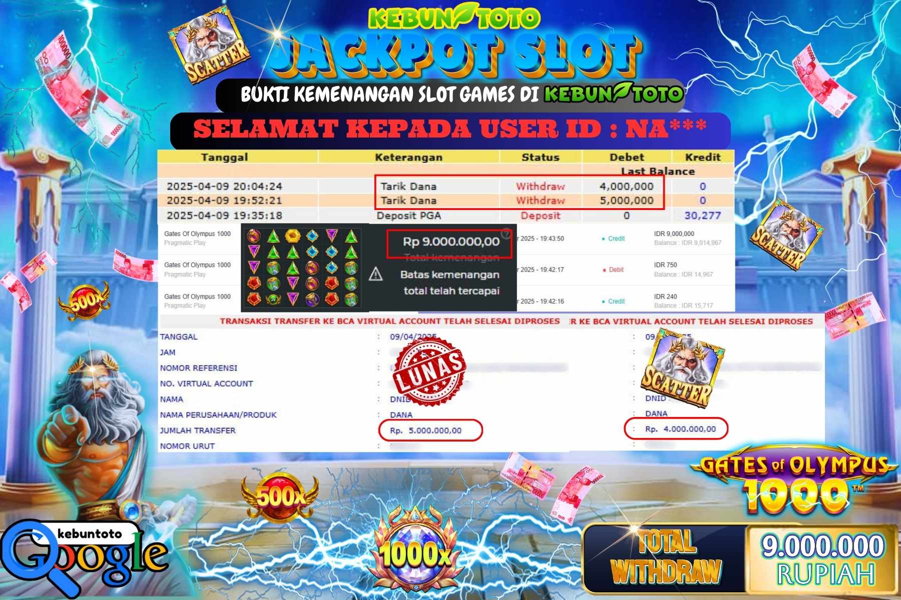 KEBUNTOTO JACKPOT, SLOT GATES OF OLYMPUS 1000 Rp 9.000.000,- LUNAS