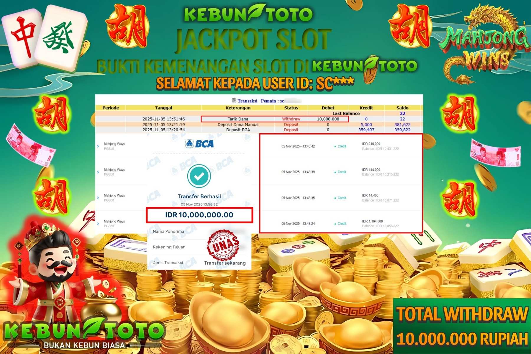 Bukti Kemenangan Rp 10.000.000 SLOT MAHJONG WAYS di KEBUNTOTO!