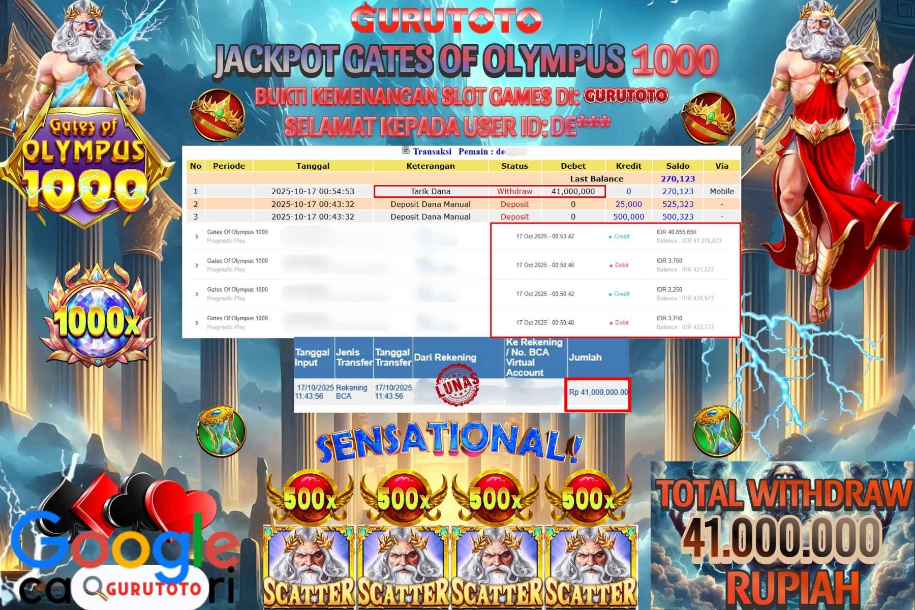 Bukti Kemenangan Rp 41.000.000 SLOT GATES OF OLYMPUS 1000 di GURUTOTO!