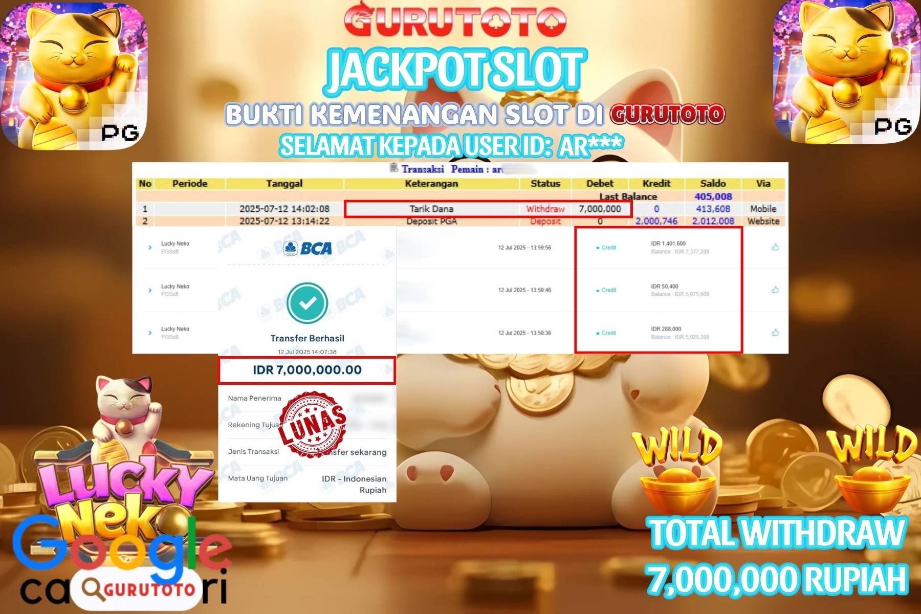Bukti Kemenangan Rp 7.000.000 SLOT LUCKY NEKO di GURUTOTO!