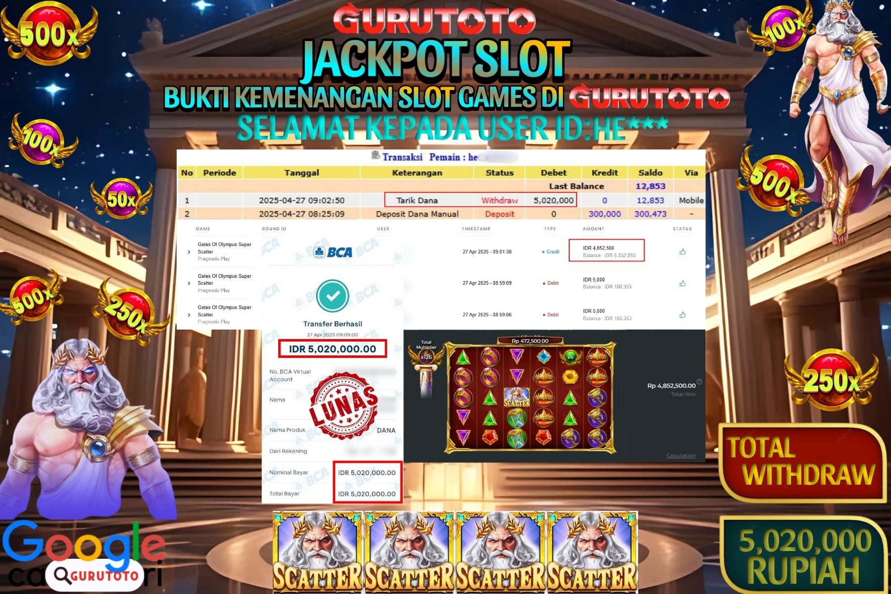 GURUTOTO JACKPOT, SLOT GATES OF OLYMPUS SUPER SCATTER, Sebesar Rp 5.020.000,- LUNAS