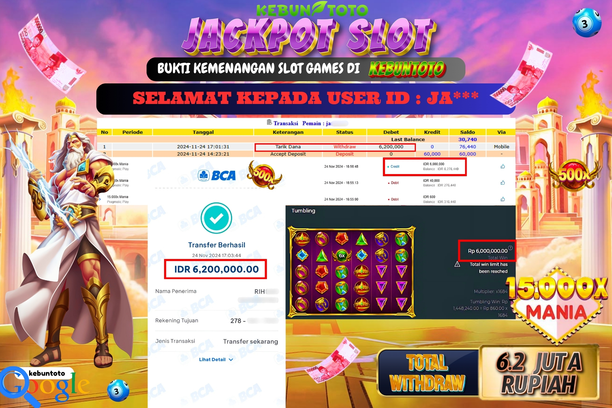 KEBUNTOTO JACKPOT SLOT 15.000X MANIA Rp.6.200.000,- LUNAS