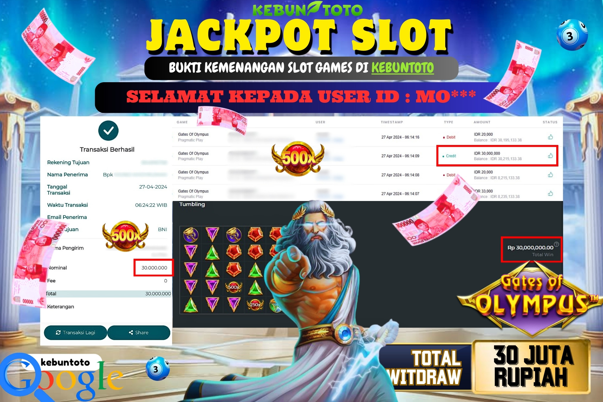 KEBUNTOTO JACKPOT SLOT GATES OF OLYMPUS Rp.30.000.000,- LUNAS